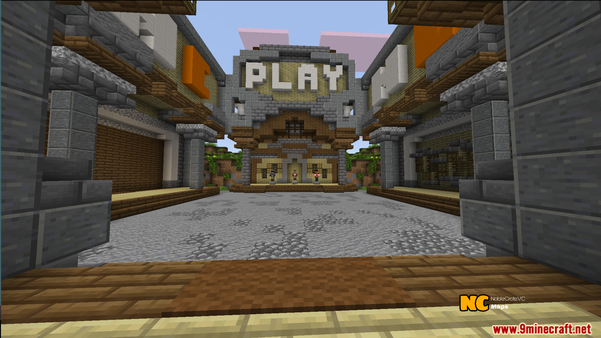 NC Practice Bed Wars Map Screenshot 12 Stone lobby area with a large play sign for starting a new match