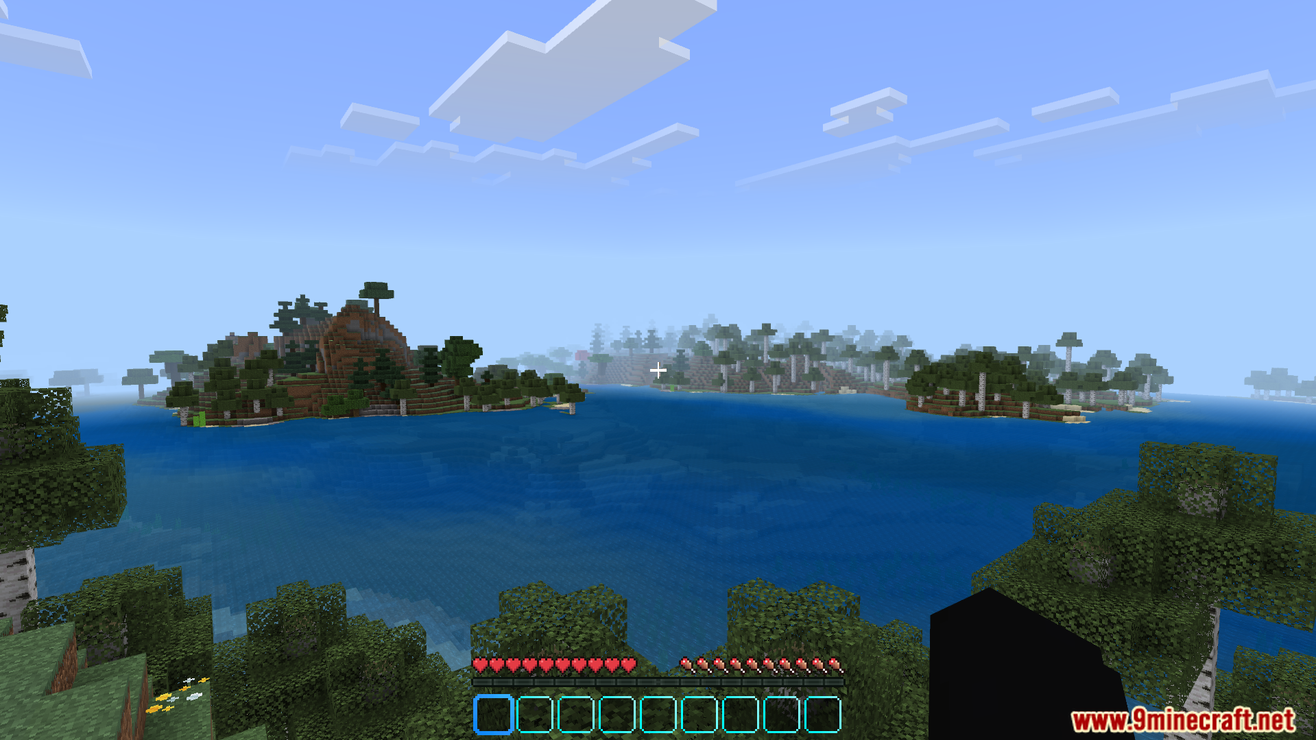 Neqs Clean UI Texture Pack Screenshot 2 First person view of islands with a custom blue hotbar and HUD