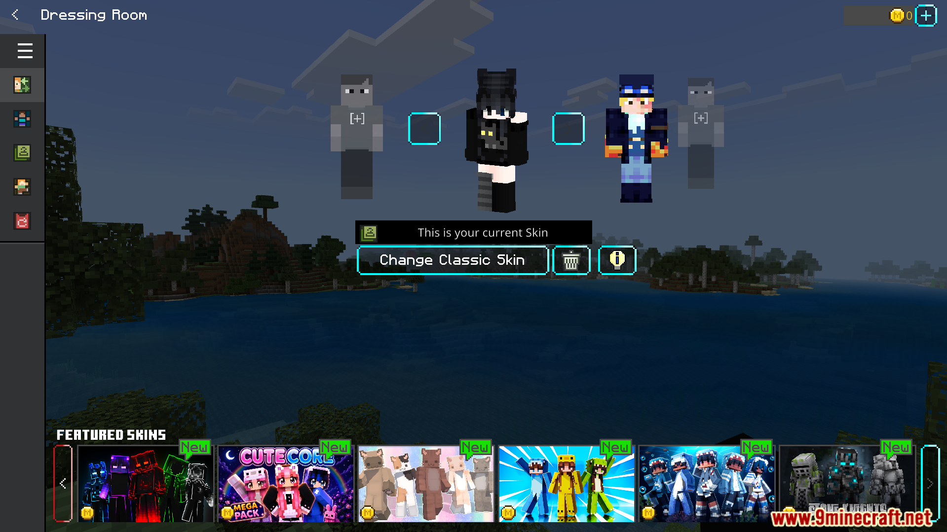 Neqs Clean UI Texture Pack Screenshot 5 Dressing room menu showing character skins with a modern and polished design