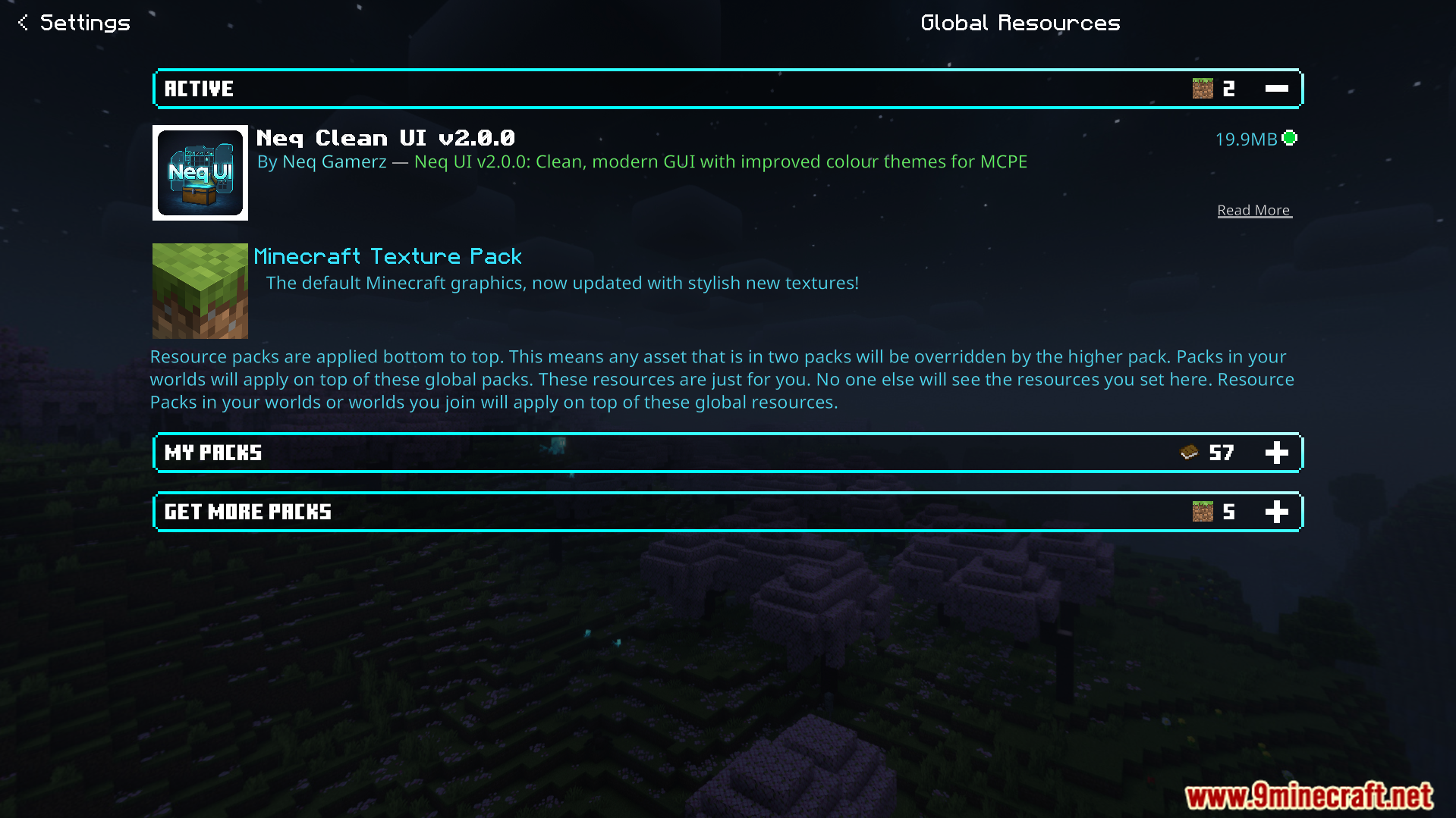 Neqs Clean UI Texture Pack Screenshot 7 Minecraft global resources menu displaying the active Neq Clean UI texture pack
