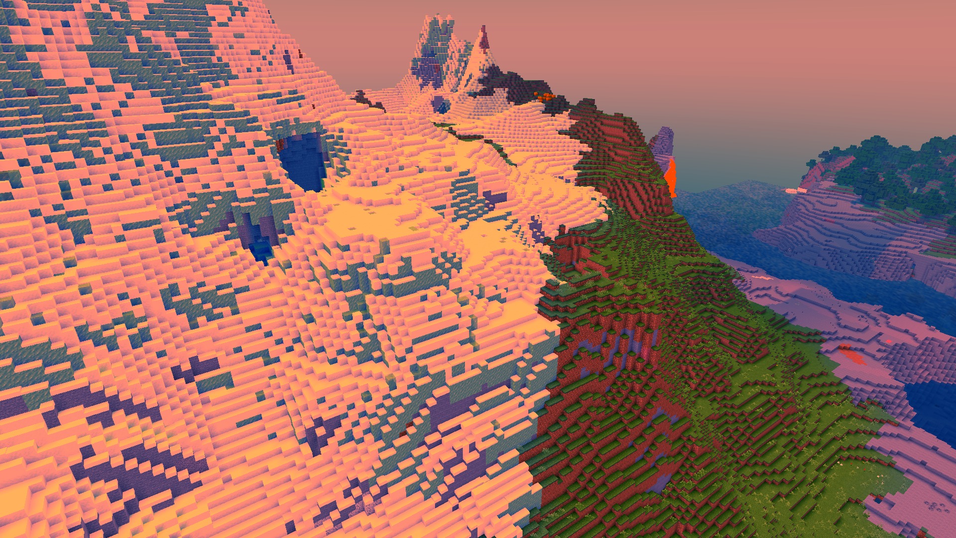 Newb Complementary Shader Screenshot 1 Snowy mountain peaks rendered with Newb Complementary Shader lighting