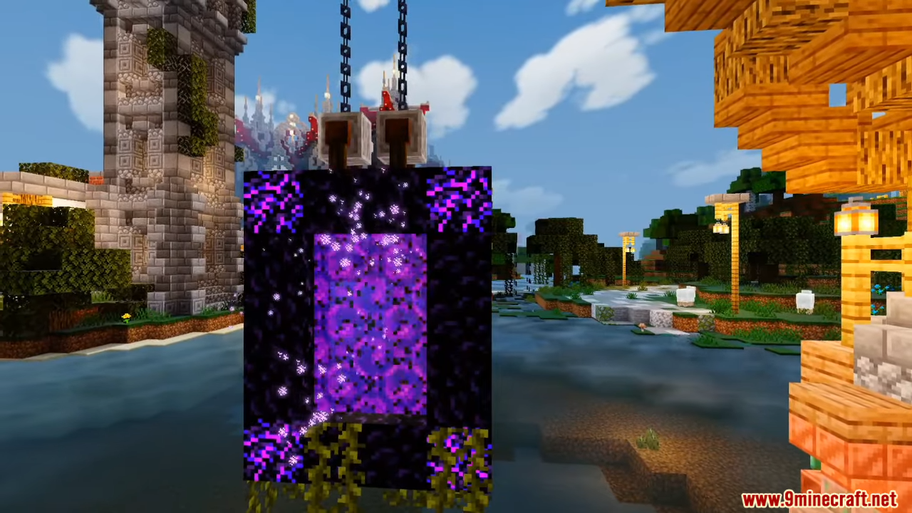 Nether portal hanging from chains near a stone tower with realistic water reflections