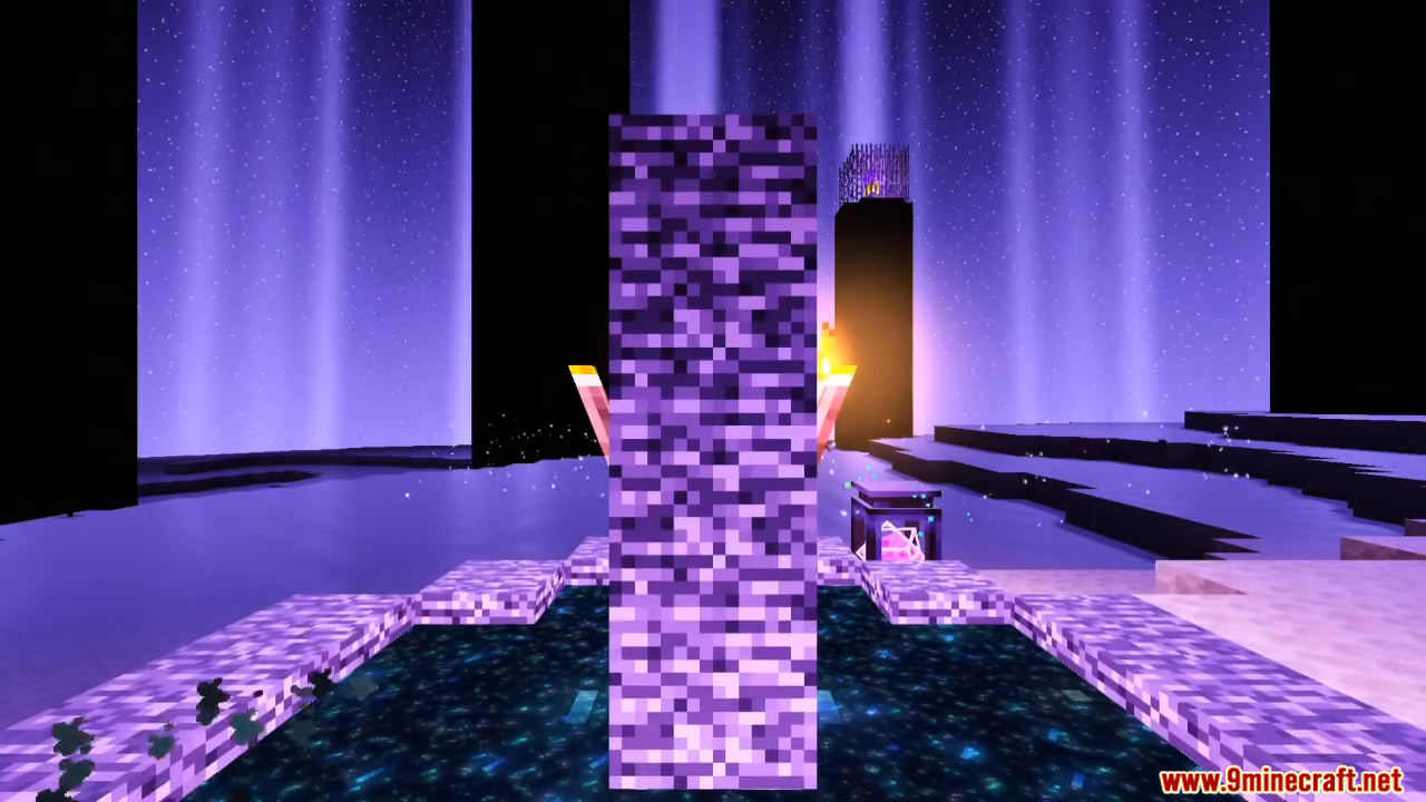 Bright purple auroras and glowing galaxy stars over the End dimension at night