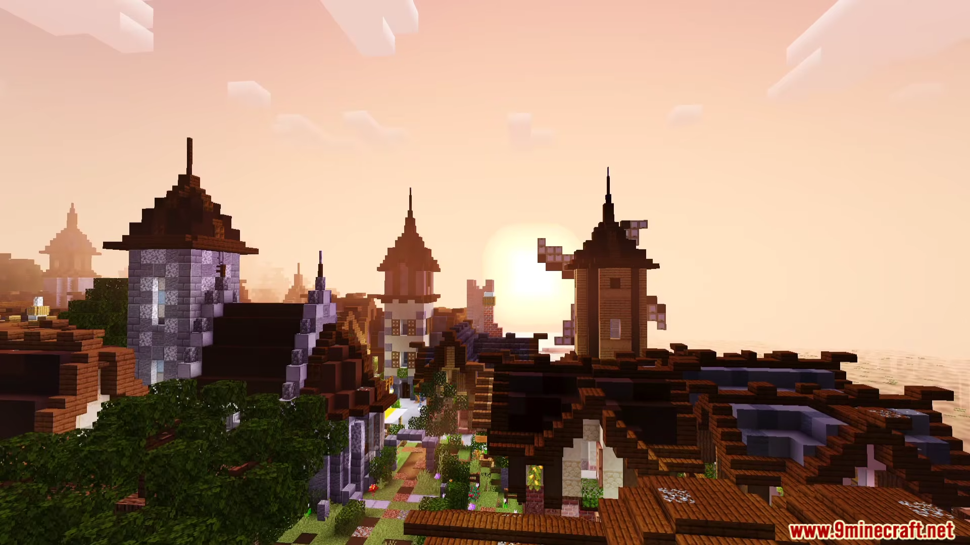 Newb Lumina Shader Screenshot 2 Scenic view of a Minecraft village at sunset with realistic lighting effects