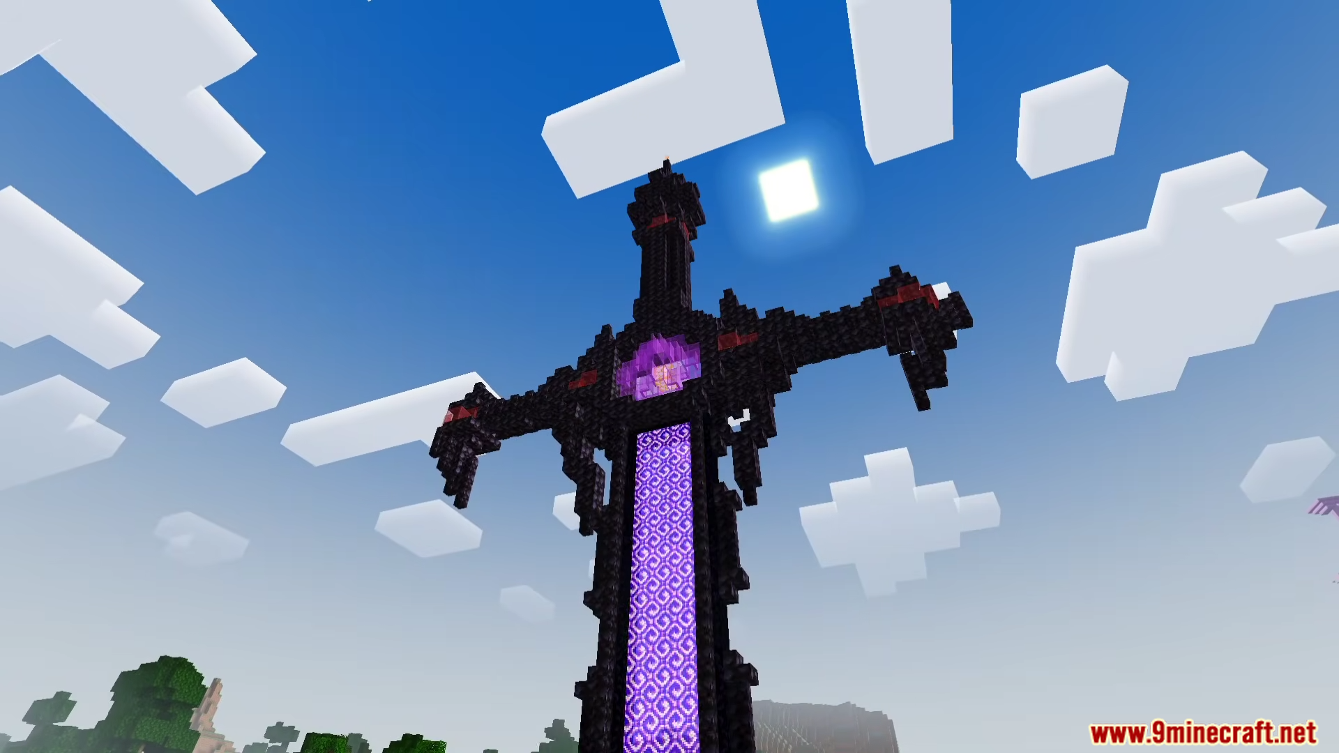Newb Lumina Shader Screenshot 4 Giant obsidian sword structure with a glowing purple portal reaching towards the sky
