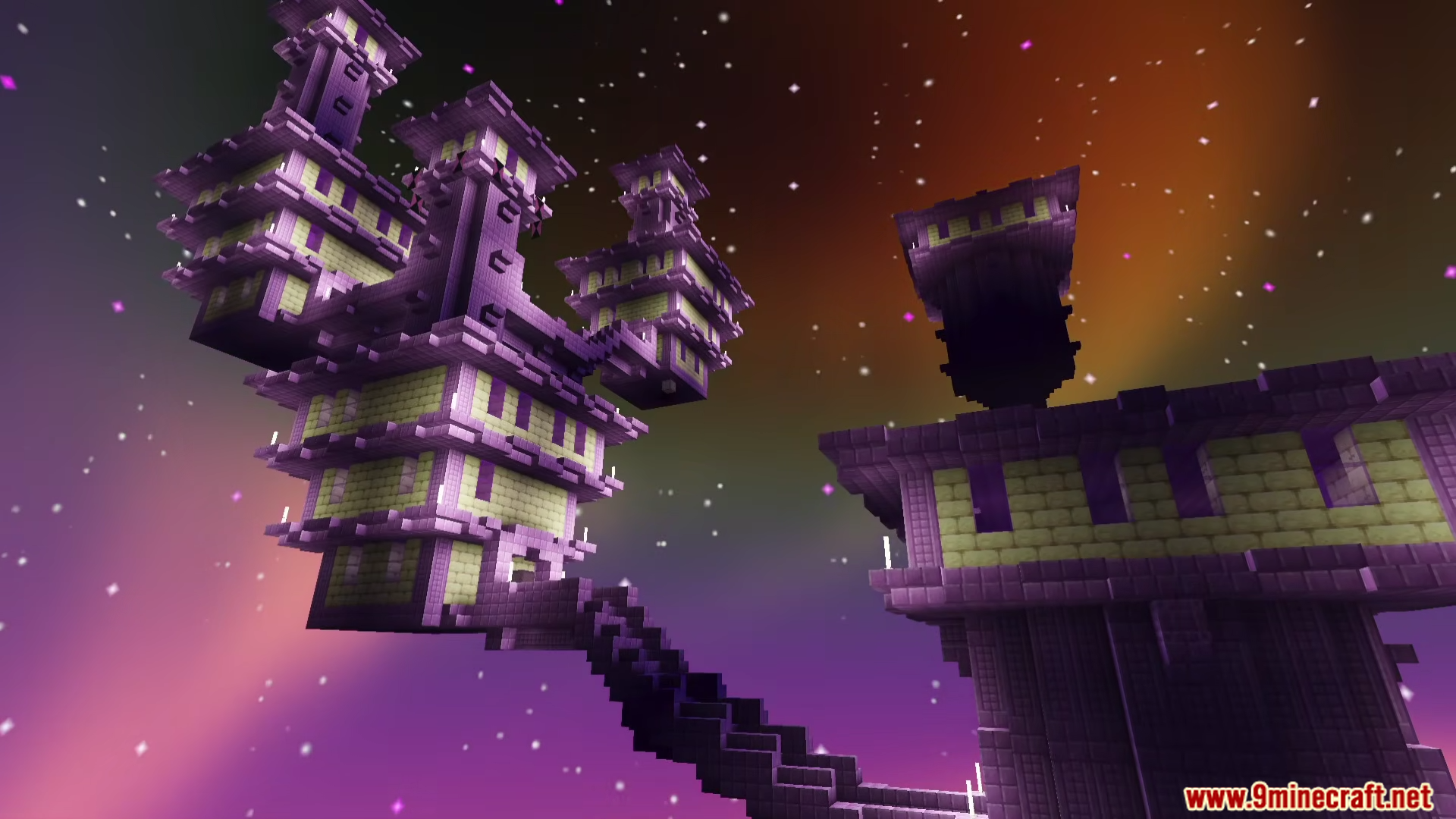 Newb Lumina Shader Screenshot 6 Purple End City towers float in the air under a beautiful glowing sky