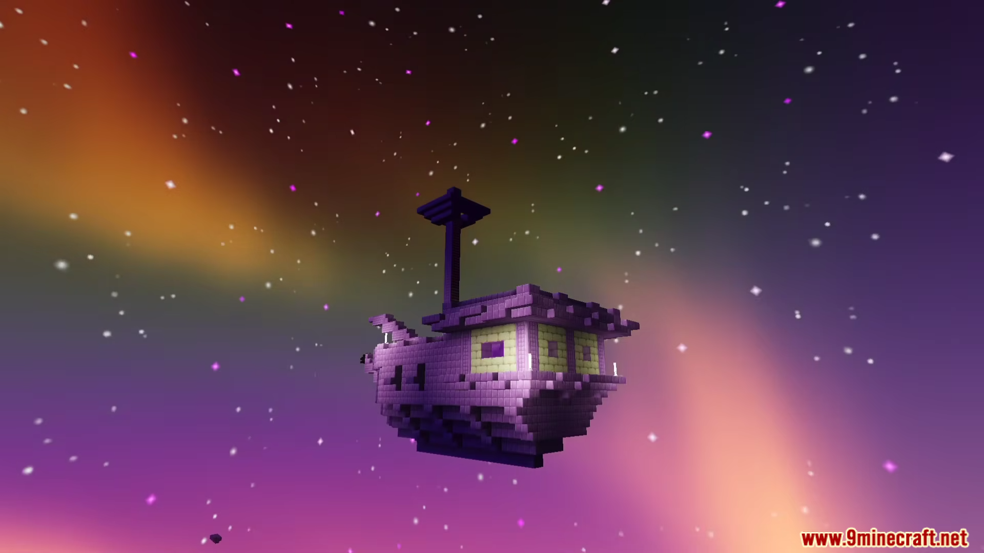 Newb Lumina Shader Screenshot 7 A purple End Ship floating in a vibrant starry sky with colorful clouds