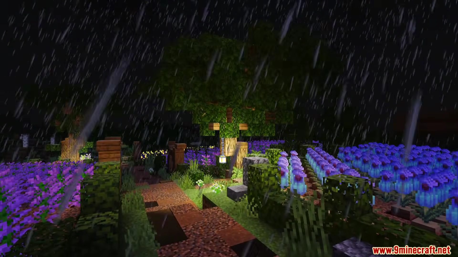 Newb Lumina Shader Screenshot 8 A rainy garden at night with purple flowers and glowing lanterns under trees