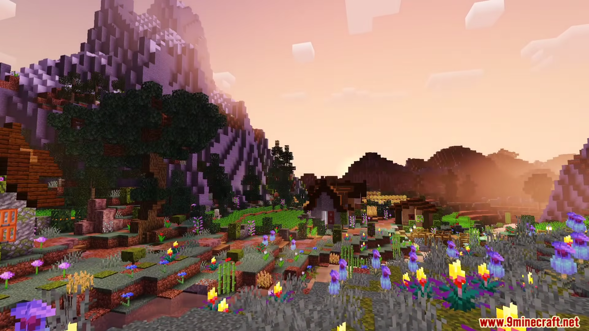 Newb Lumina Shader Screenshot 9 Vibrant flowers and a cozy village sit beneath a towering mountain at dusk