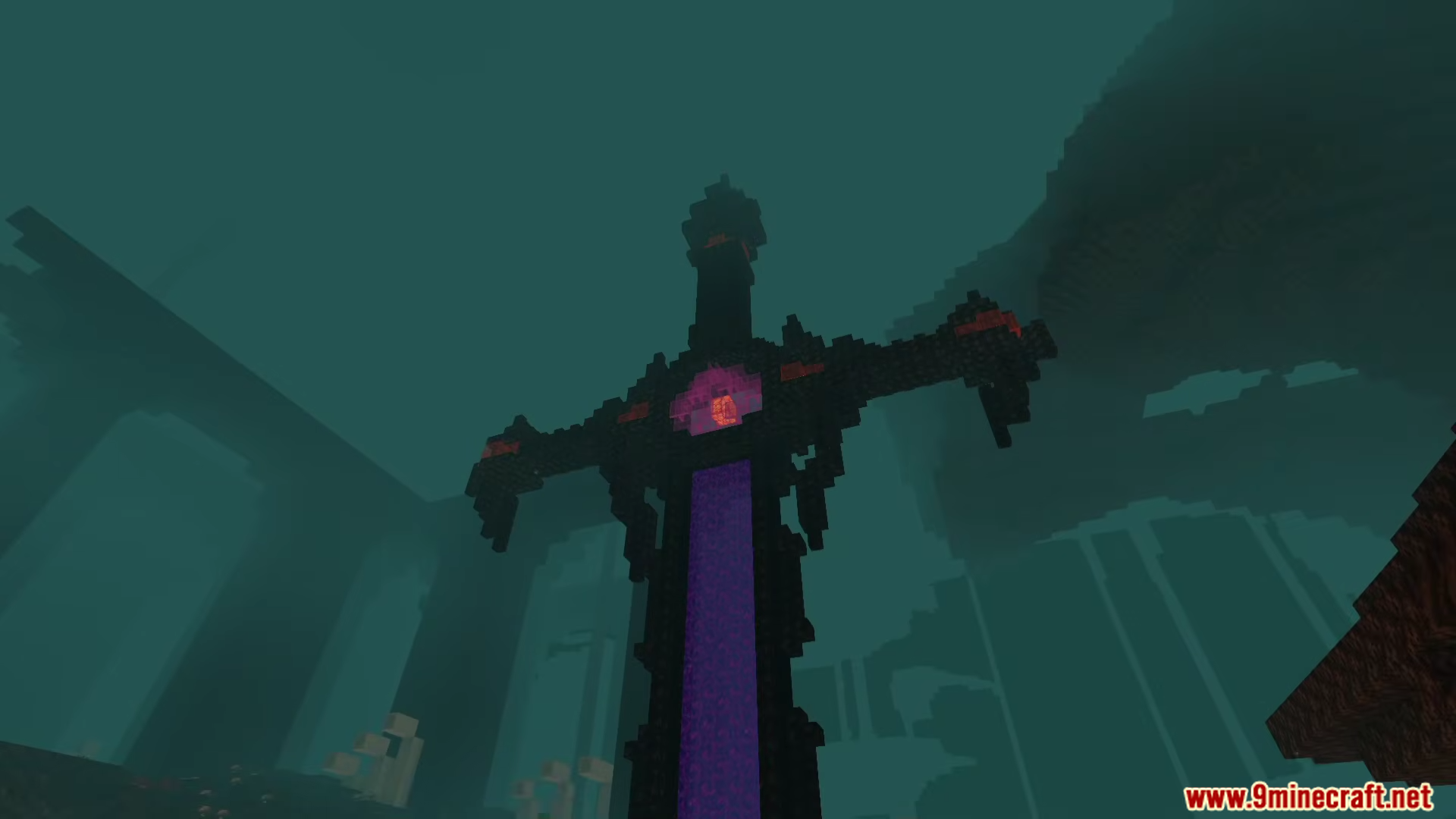 A giant dark sword structure with a purple portal in a foggy dimension
