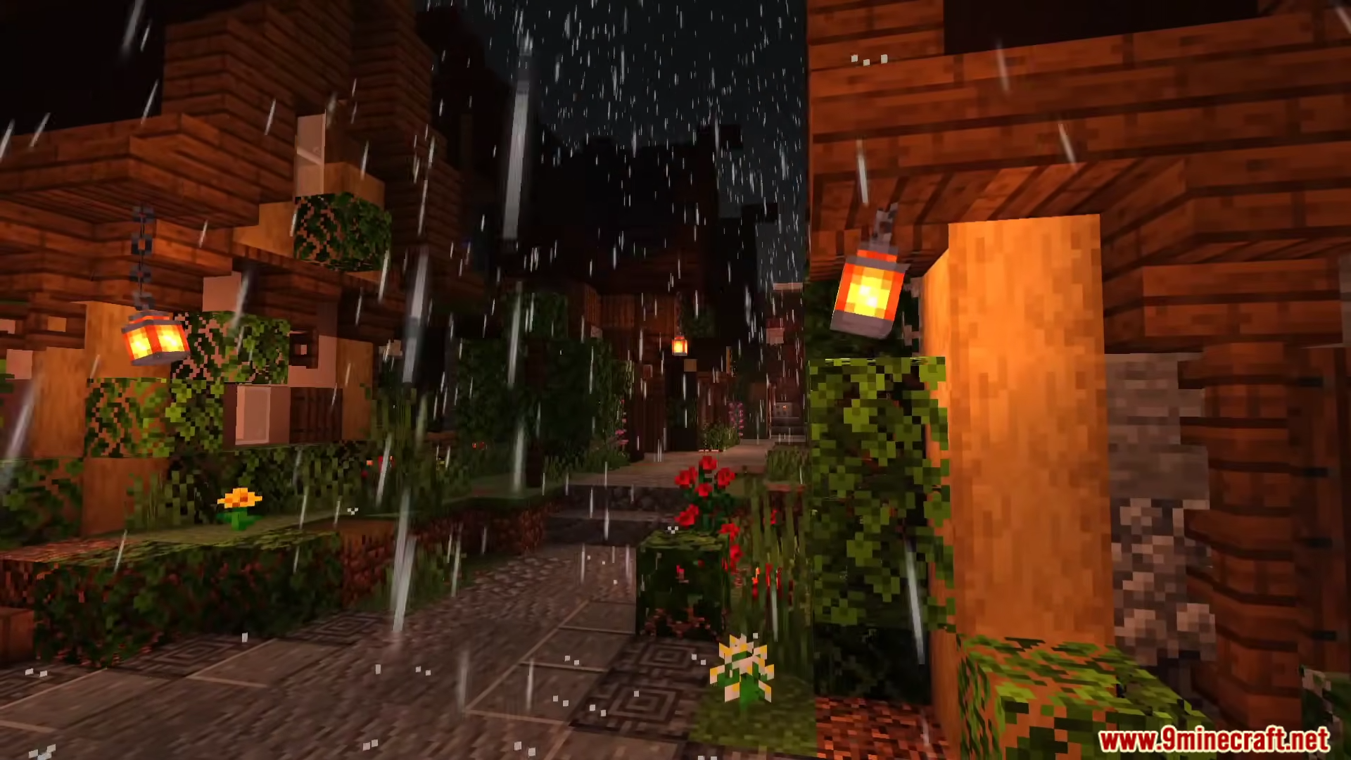 Rain falling over a cozy village street at night with glowing lanterns