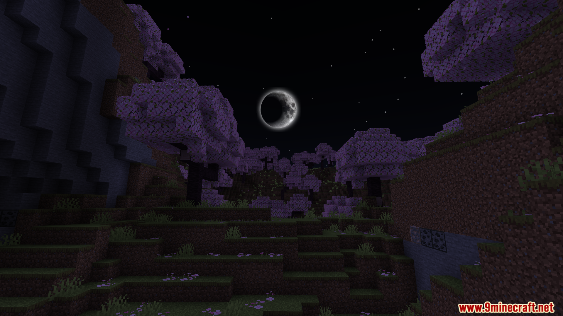 Realistic moon shining over cherry blossom trees in a purple night sky
