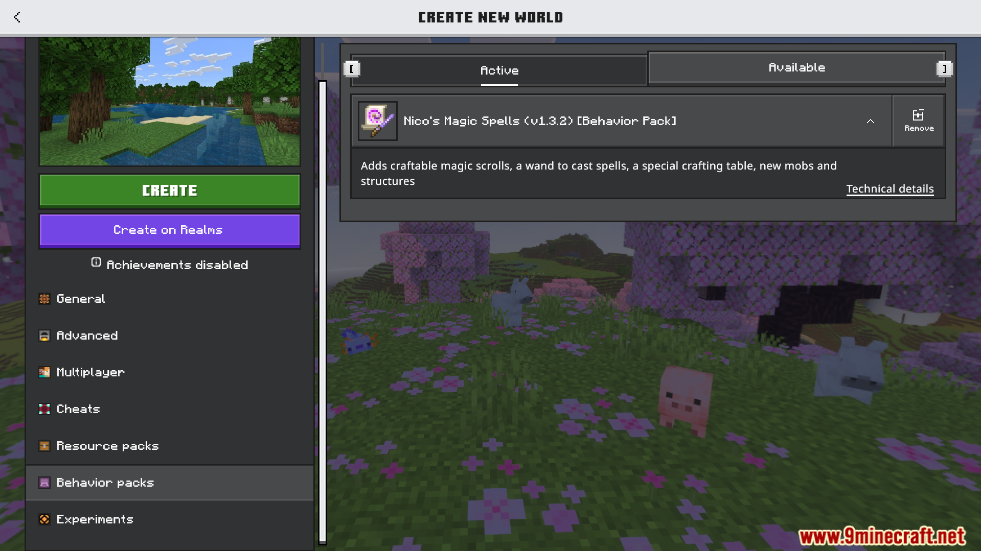 Minecraft world creation menu with the Nicos Magic Spells behavior pack active
