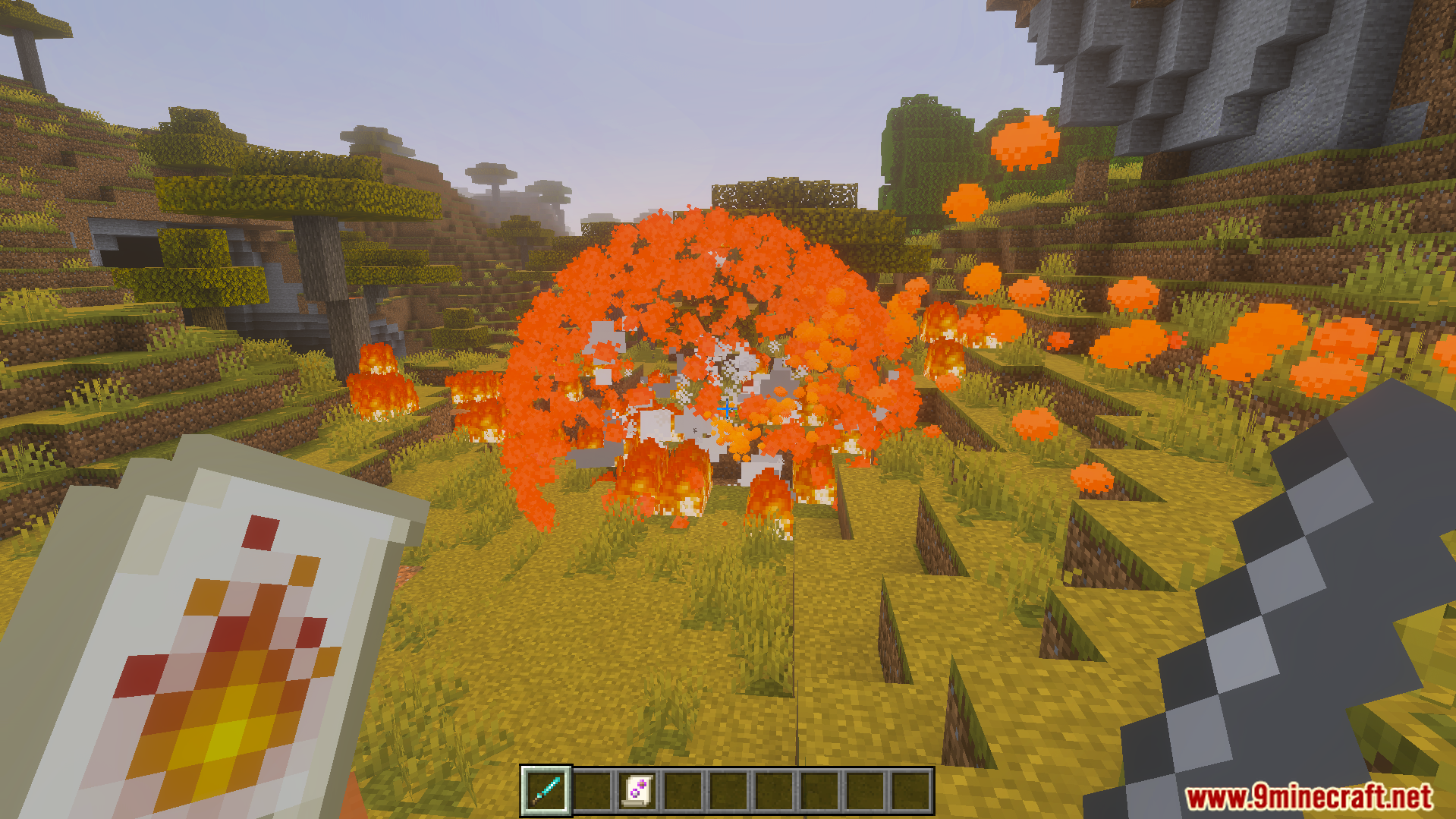 A player uses a fire spell scroll to create a large explosion
