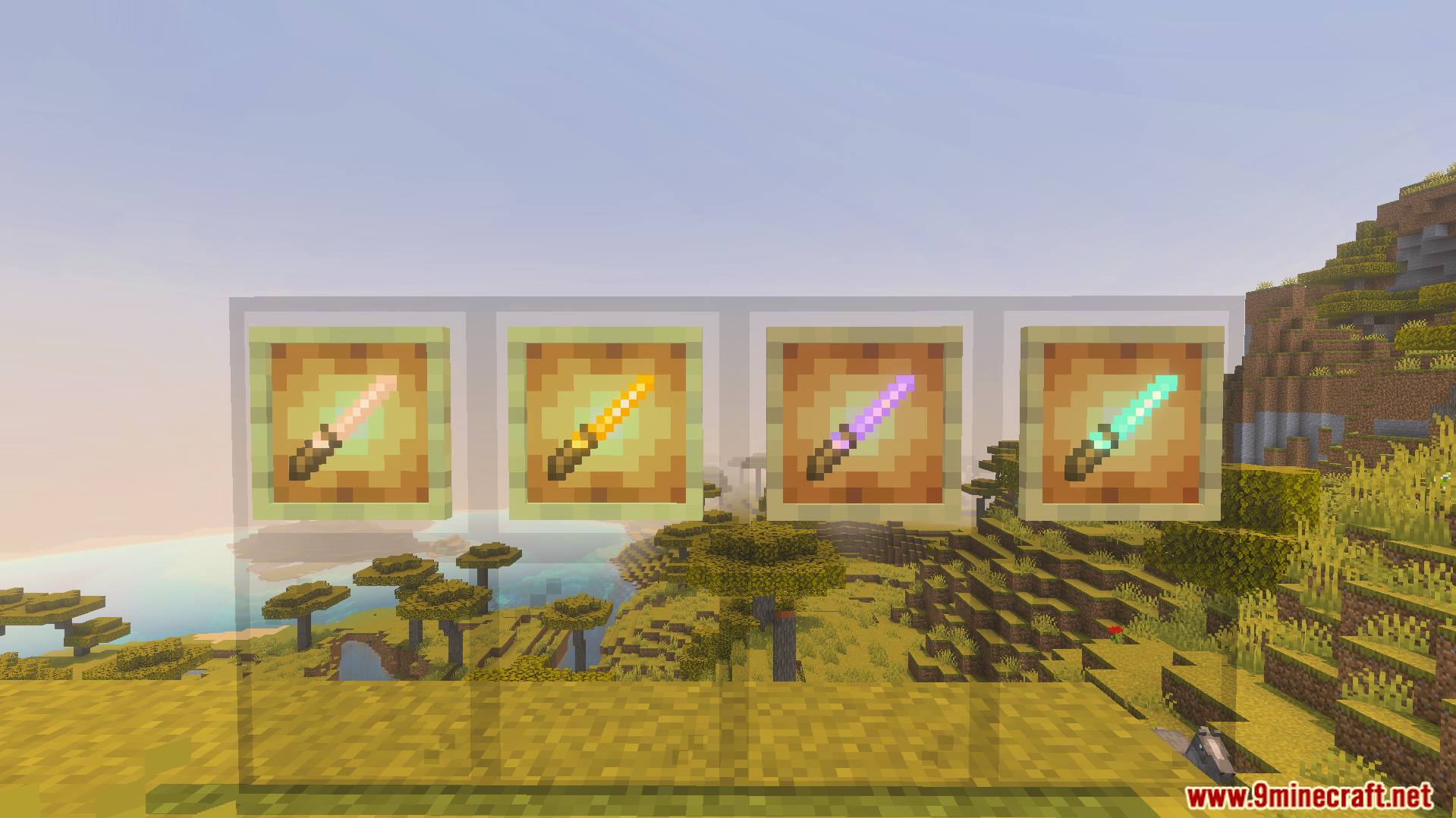 Four colorful enchanted magic wands displayed in item frames on a hill