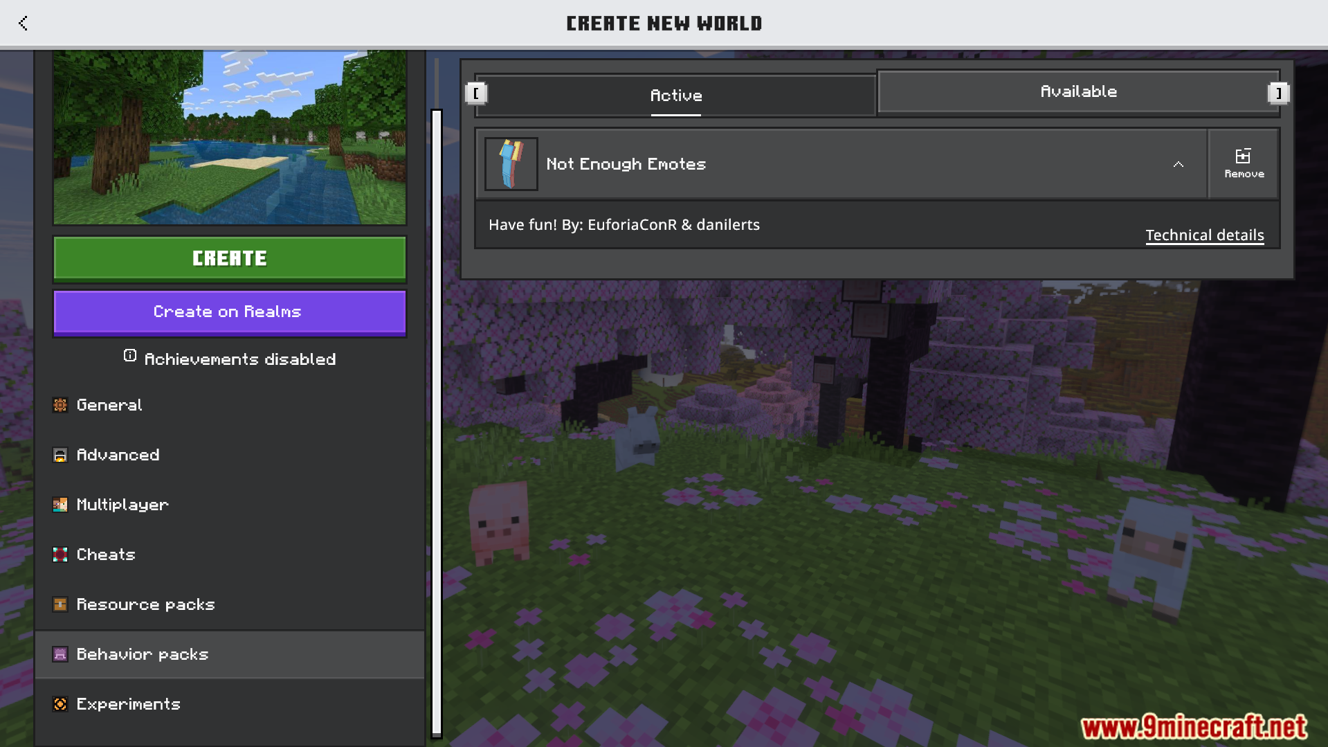 Activating the Not Enough Emotes behavior pack in the world creation menu