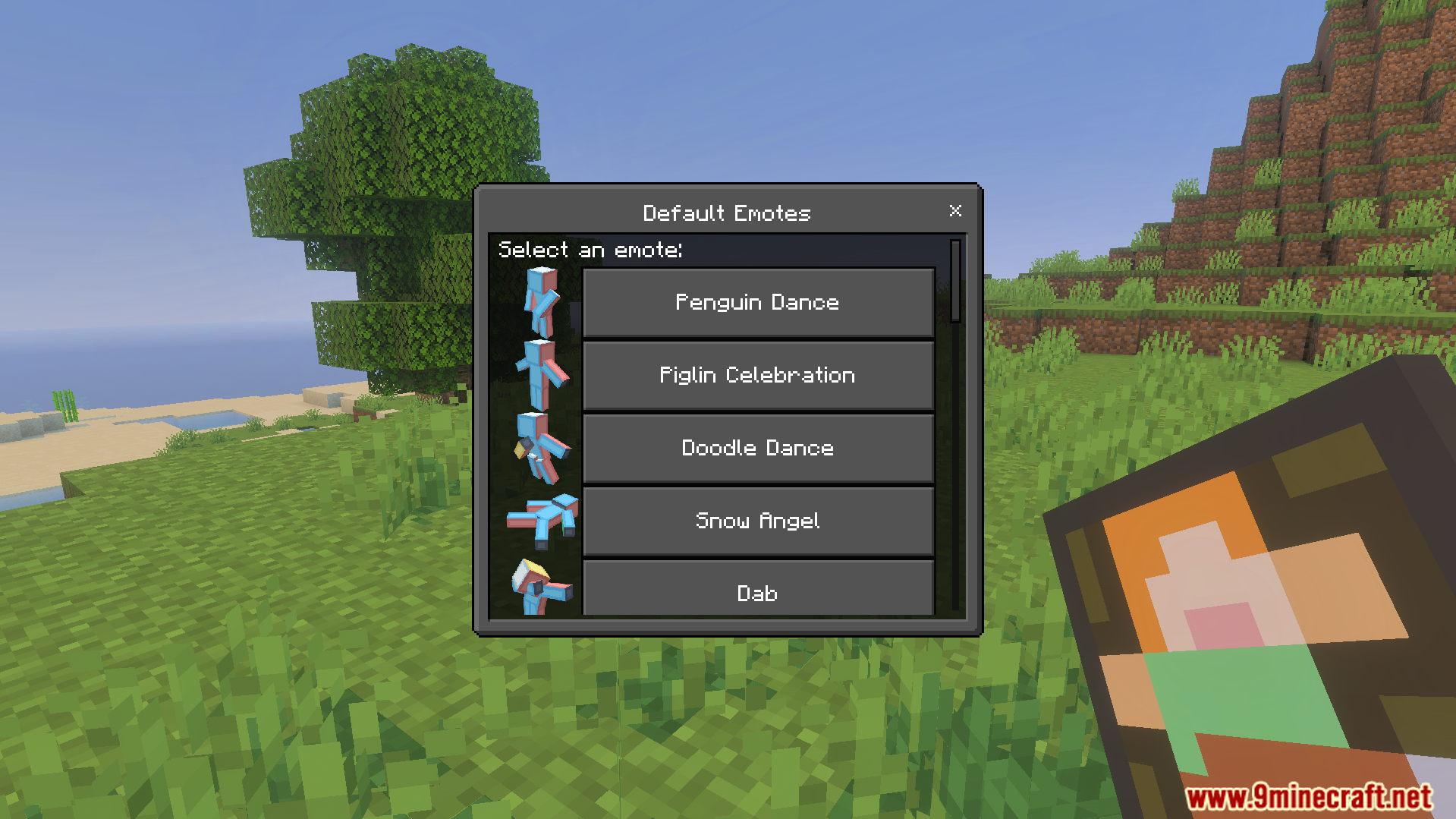The Not Enough Emotes Addon menu displaying a list of available animations