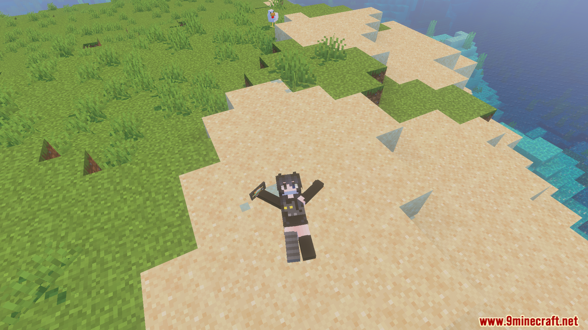 A Minecraft character performing a snow angel animation on a sandy beach