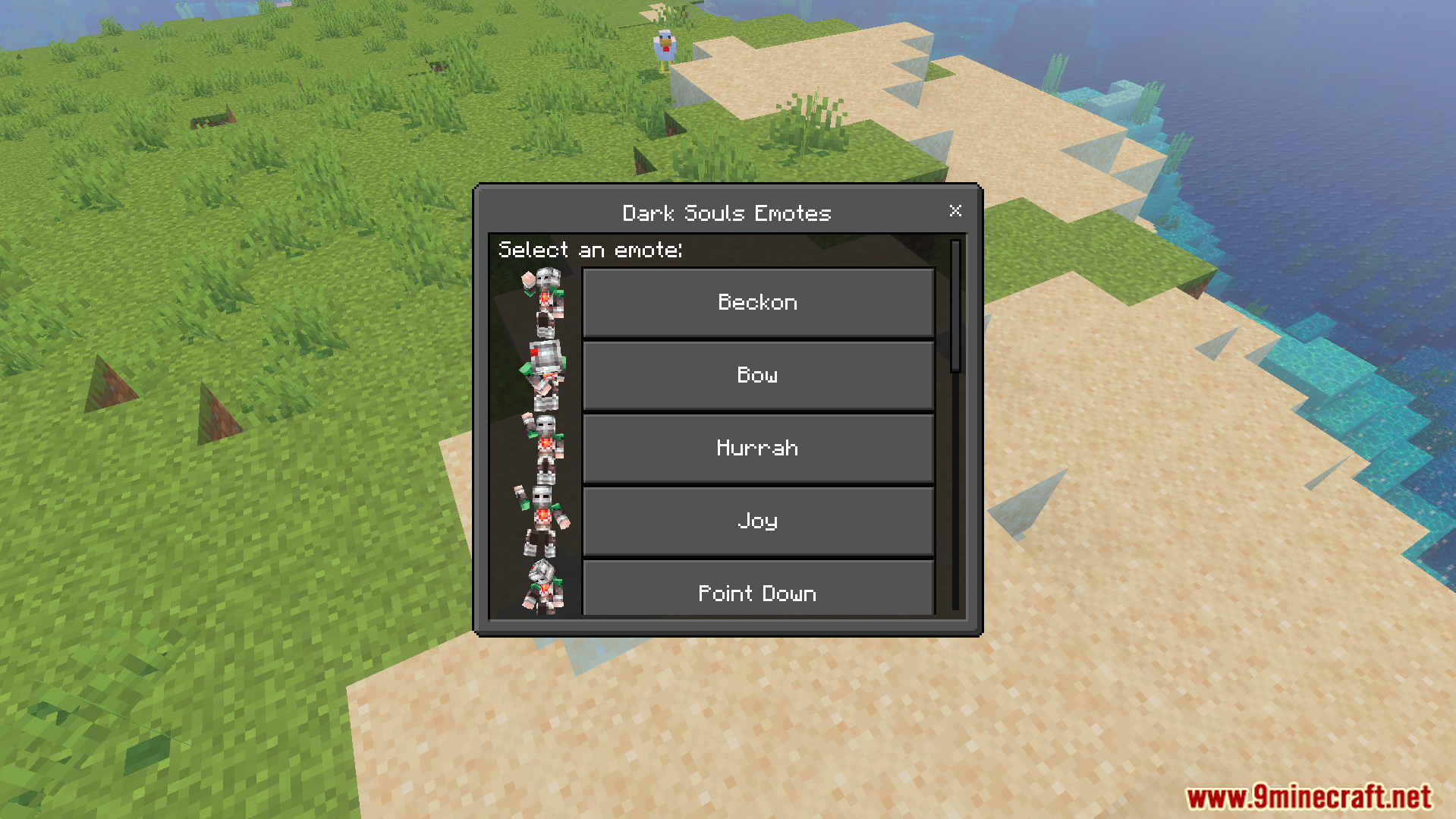 Not Enough Emotes Addon menu displaying Dark Souls character animation options