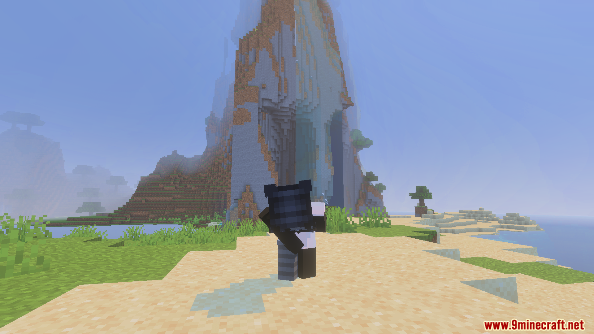 A character performing a custom animation while looking at a large mountain