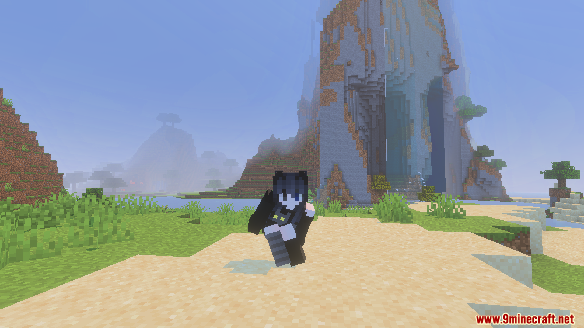 Minecraft character performing a custom dance animation near a large mountain