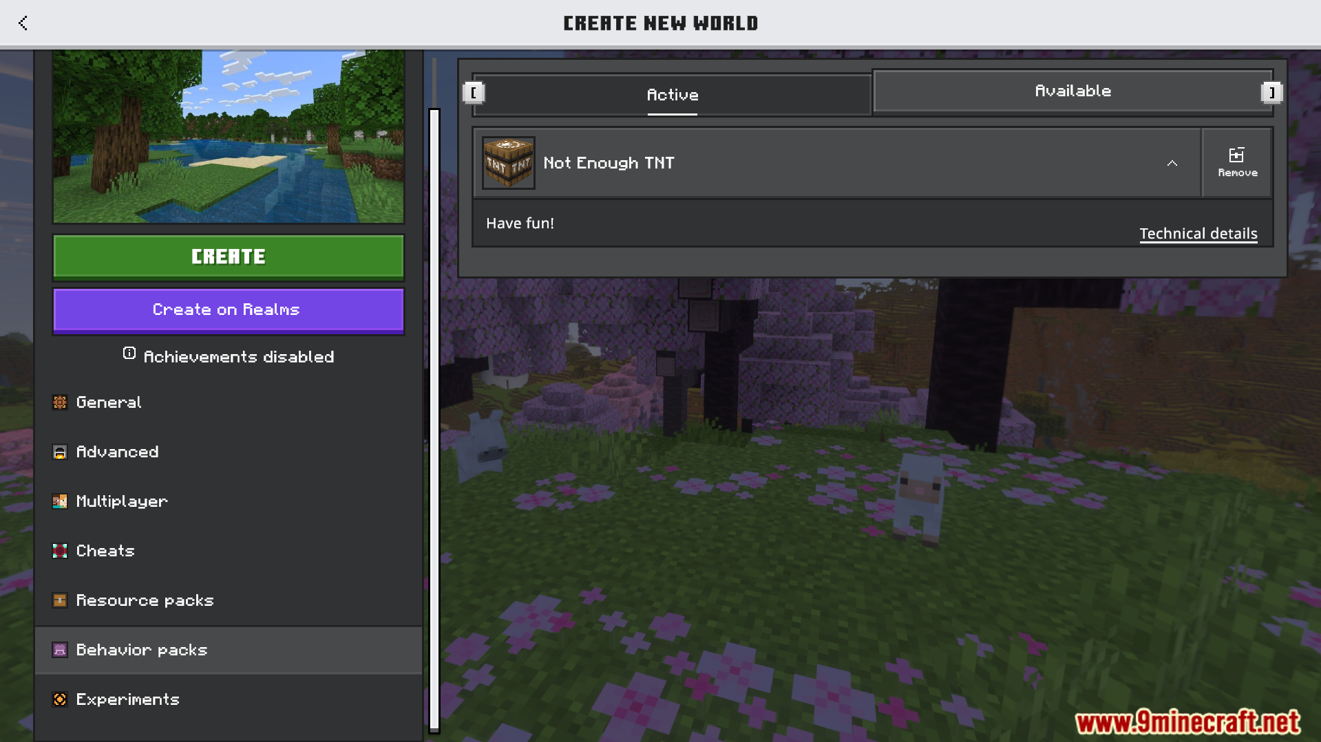 create new world menu showing not enough tnt behavior pack is active