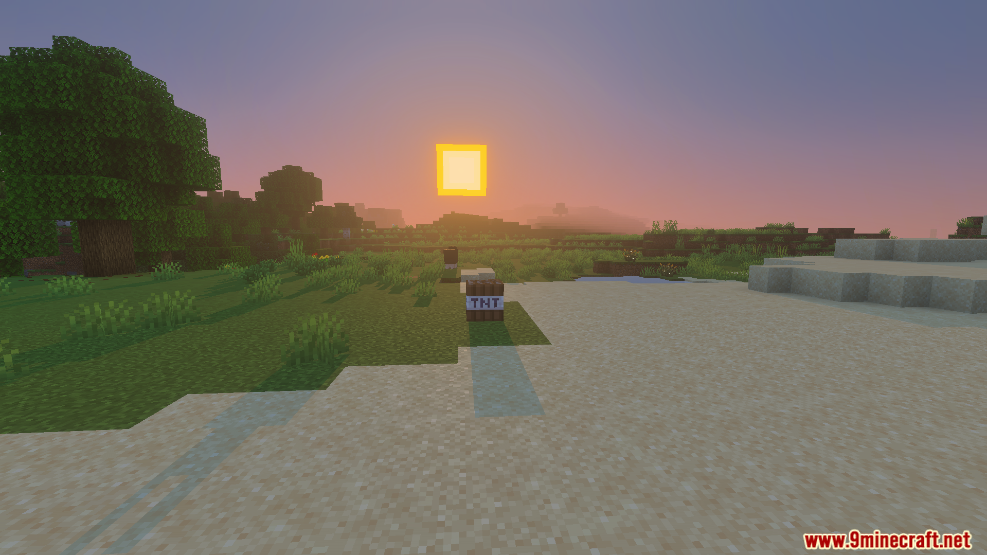 A single fake explosive block placed on the grass near sand