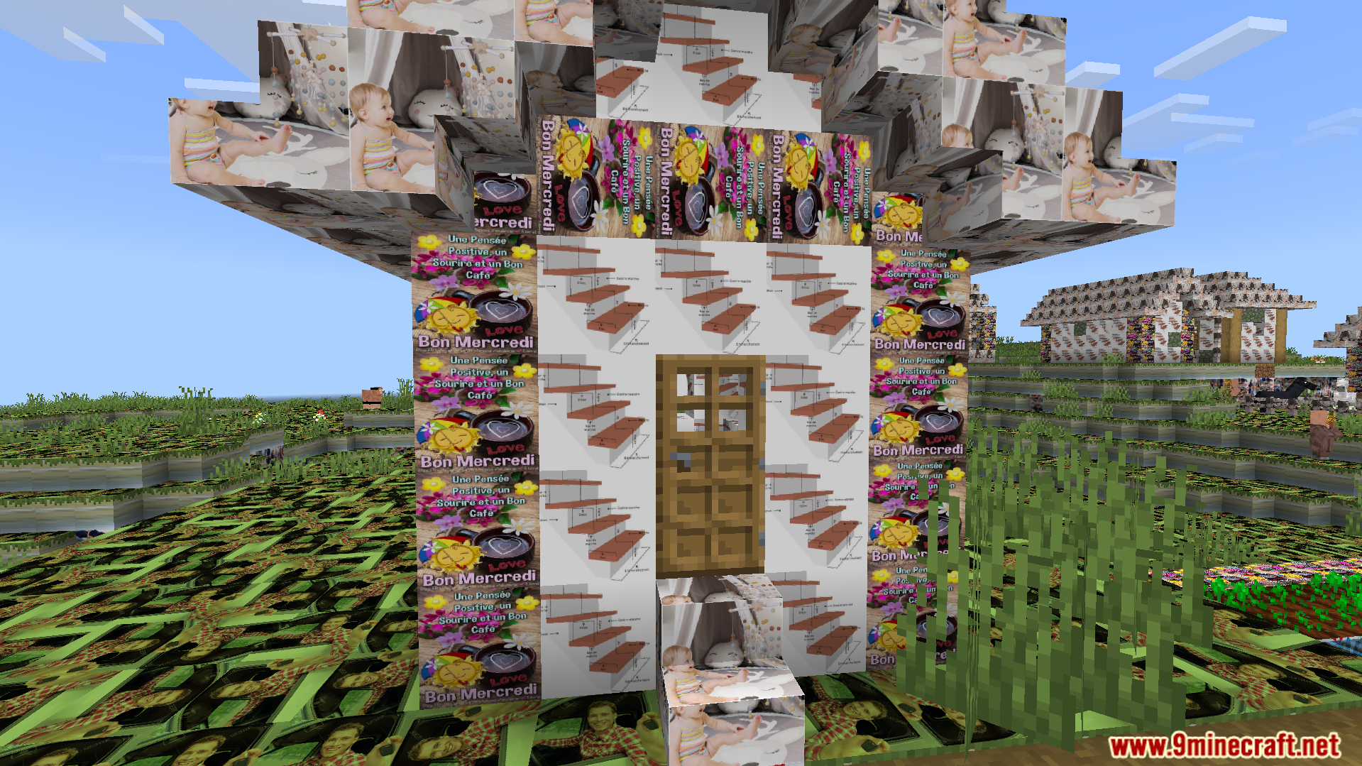 A chaotic house built from blocks with hilariously translated textures