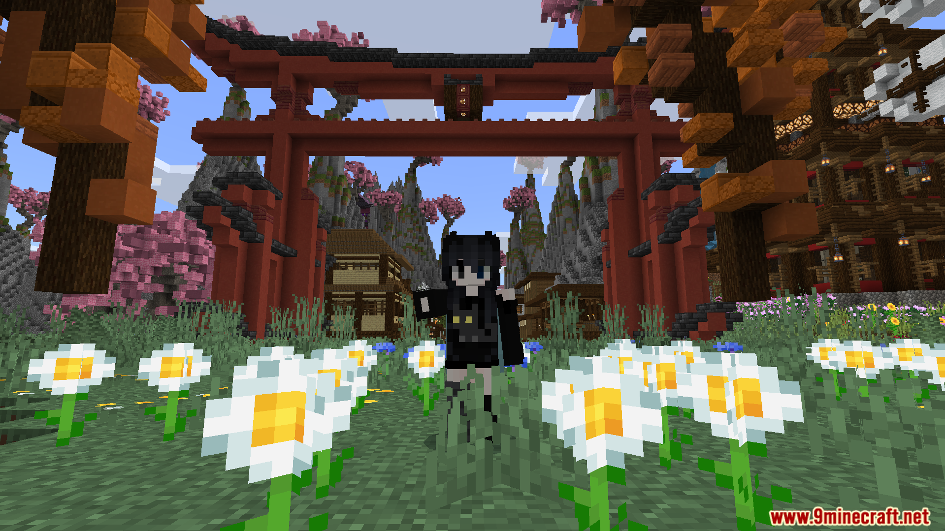 Old Japanese Town in the Cherry Biome Map Screenshot 2 A player stands before the large main entrance called a Torii