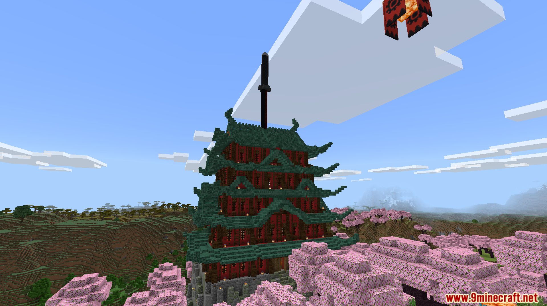 Old Japanese Town in the Cherry Biome Map Screenshot 9 A tall pagoda stands among the pink trees in the biome