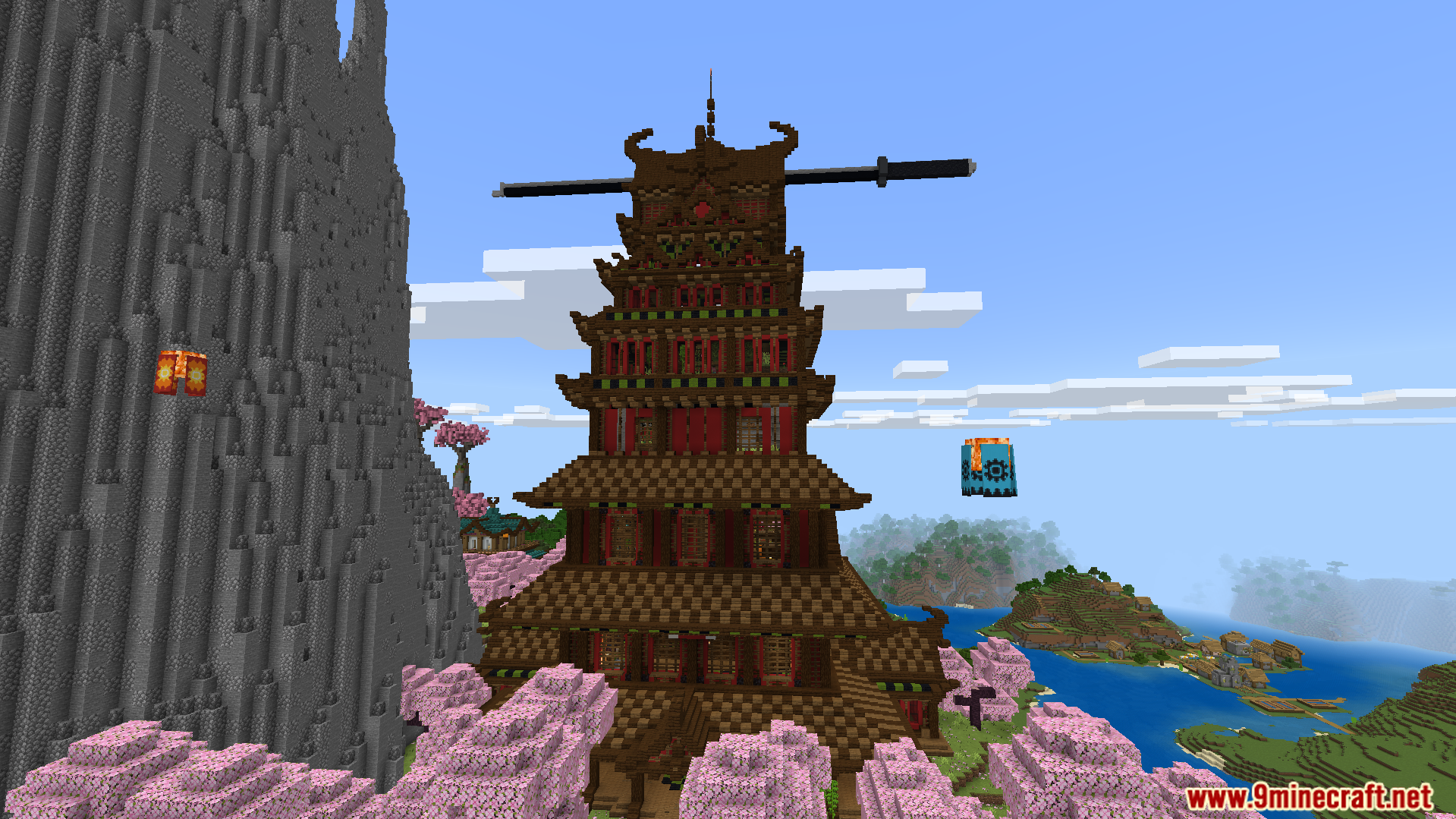 Old Japanese Town in the Cherry Biome Map Screenshot 10 A tall traditional pagoda stands in an old Japanese town