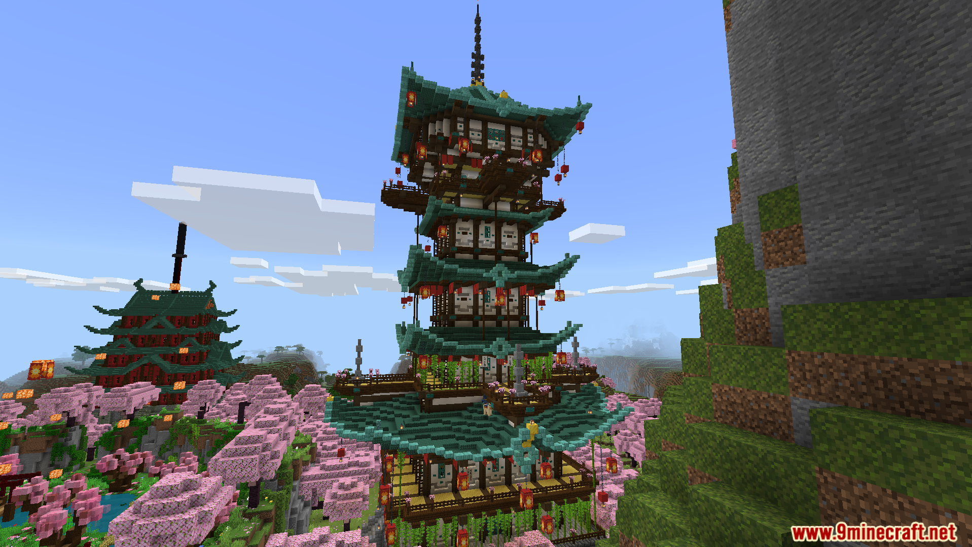 Old Japanese Town in the Cherry Biome Map Screenshot 6 Explore a tall traditional pagoda surrounded by pink cherry trees