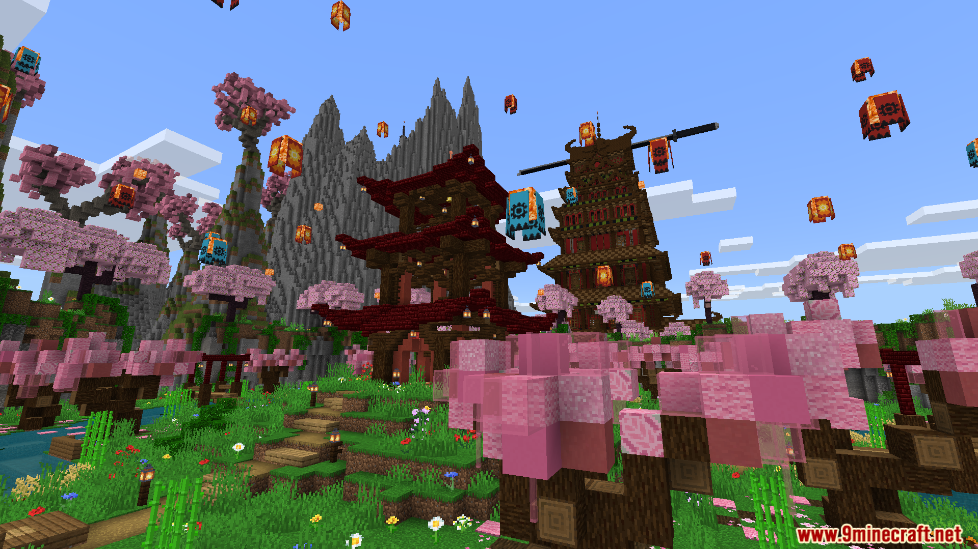 Old Japanese Town in the Cherry Biome Map Screenshot 8 Explore traditional houses and tall pagodas in the pink forest