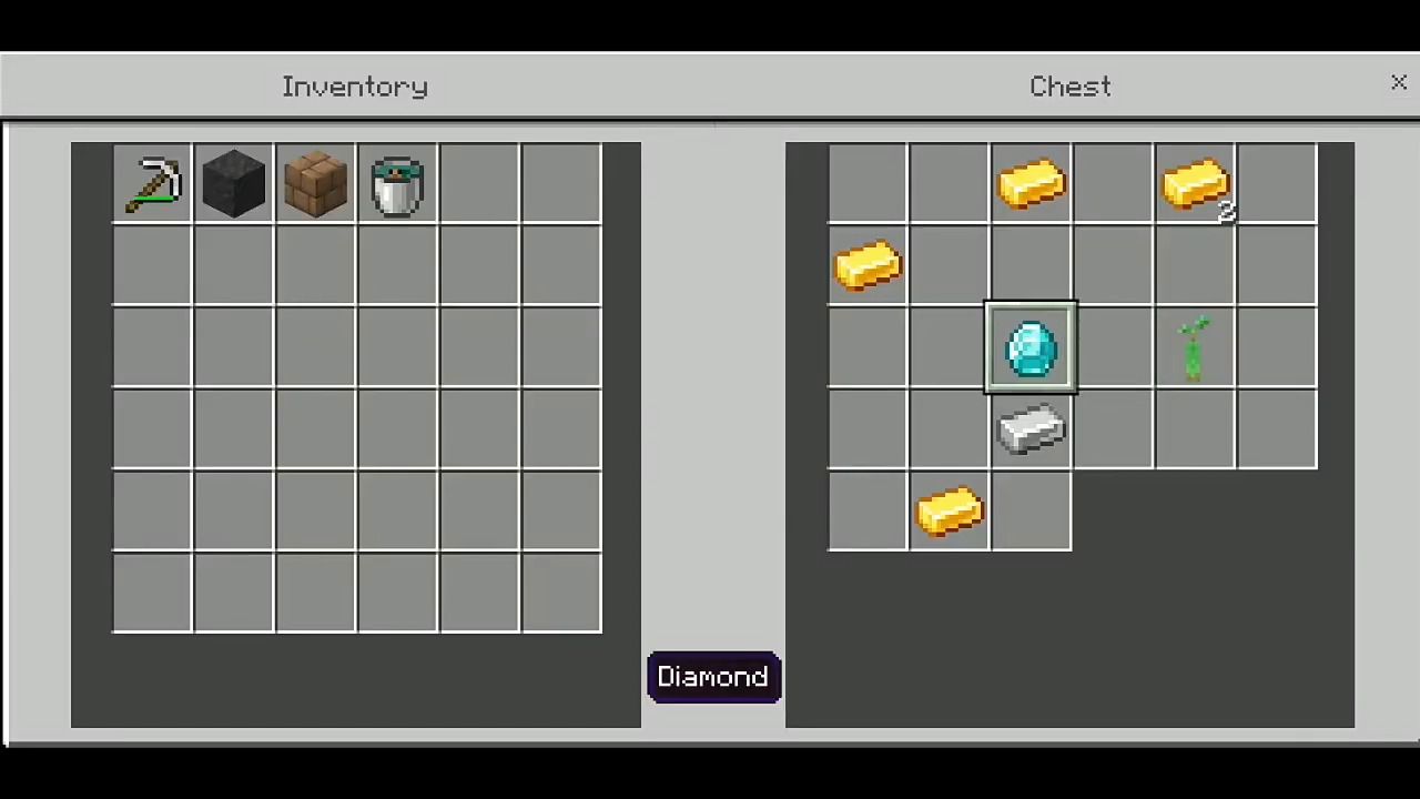 A player stores valuable items like diamonds and gold in a chest