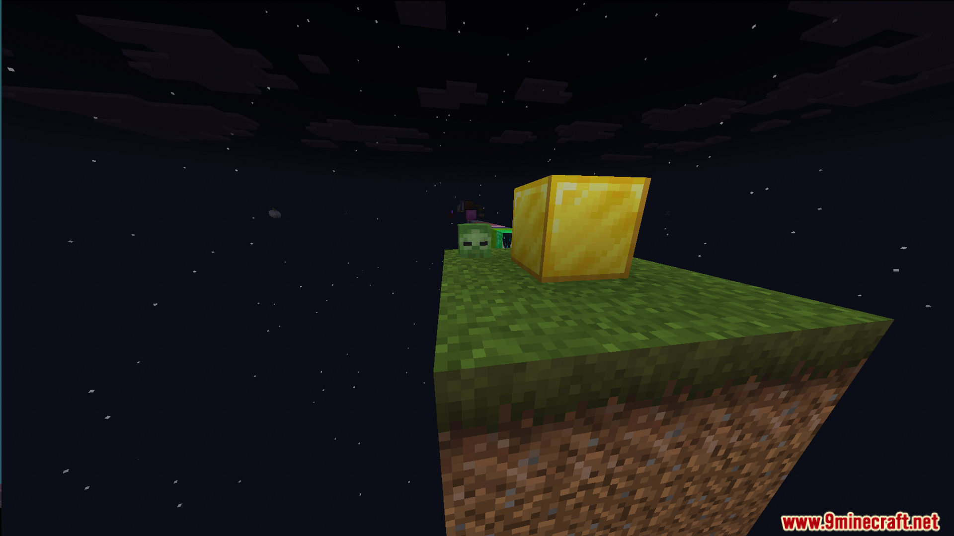 One Block Mcpower Edition Map Screenshot 4 Floating items orbiting a special gold block on a grass platform at night