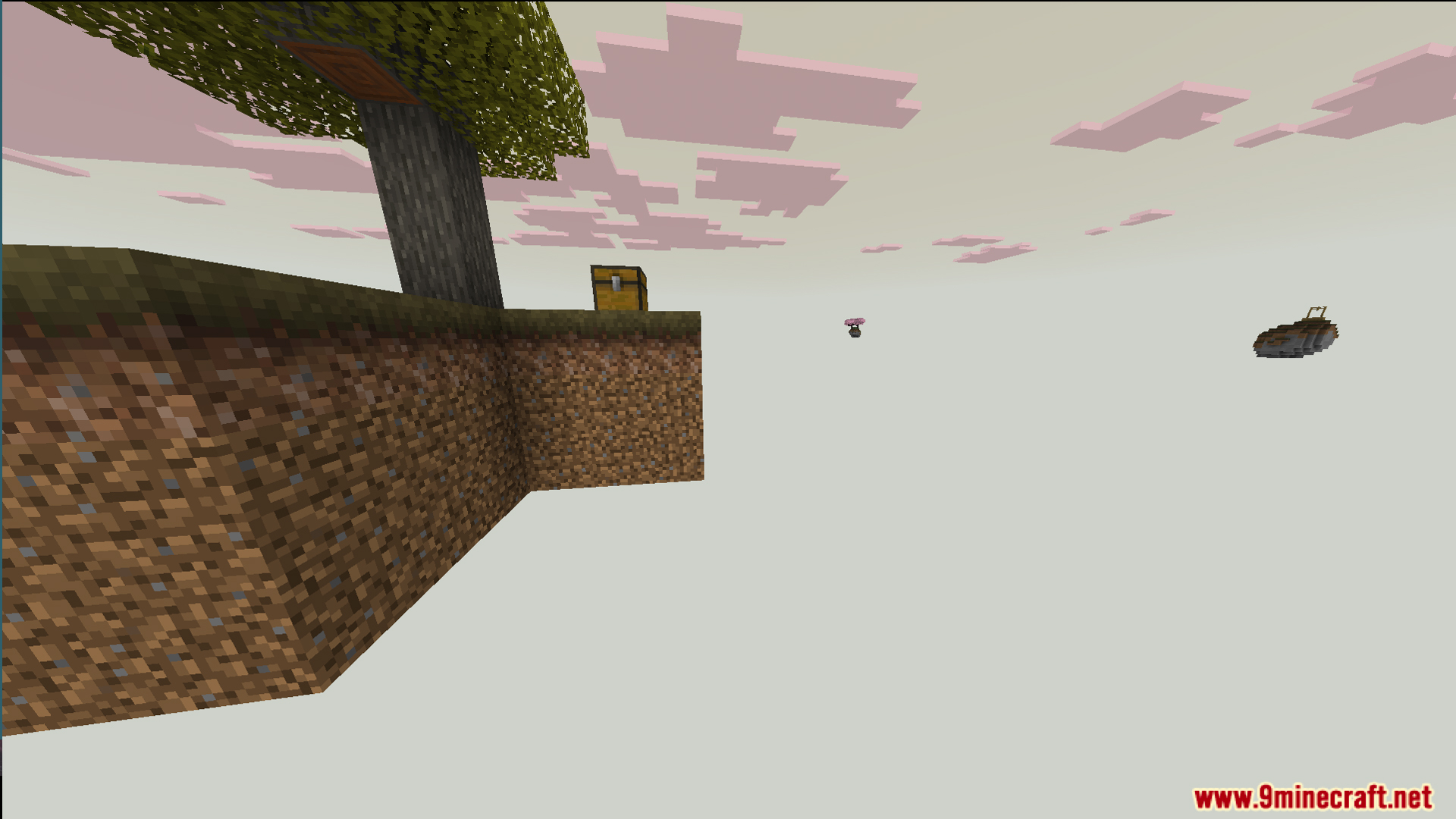 One Block Mcpower Edition Map Screenshot 5 Small floating grass island with a tree and chest under pink clouds