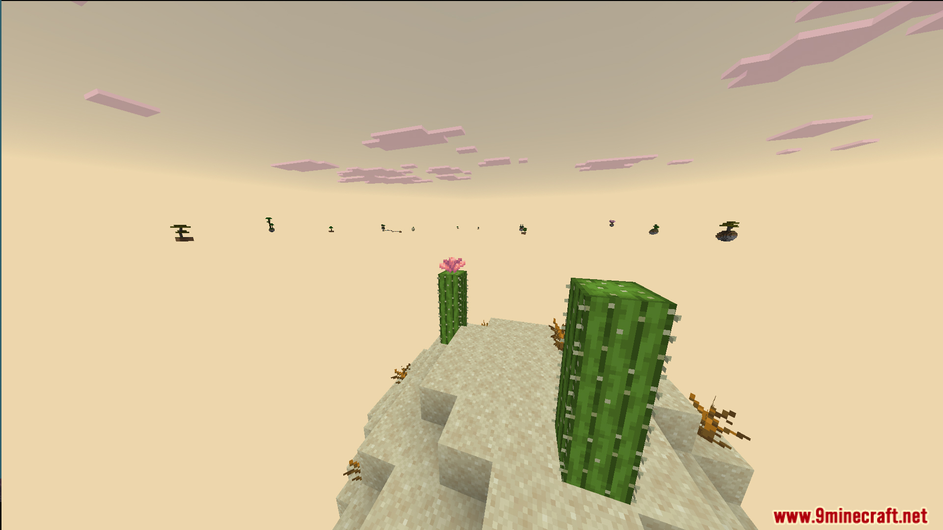 One Block Mcpower Edition Map Screenshot 6 Floating desert island with cacti and distant biomes in the empty sky