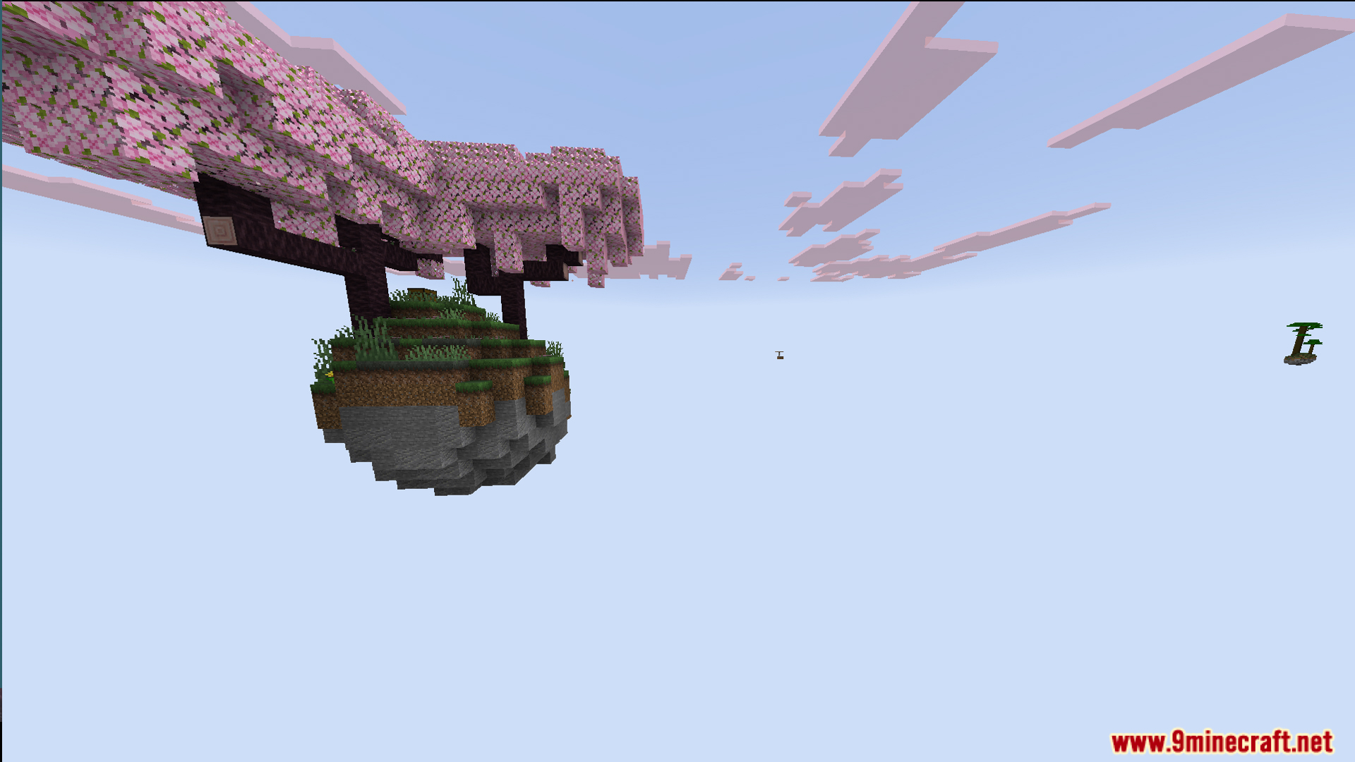 One Block Mcpower Edition Map Screenshot 8 A floating island featuring a pink cherry blossom tree under a blue sky