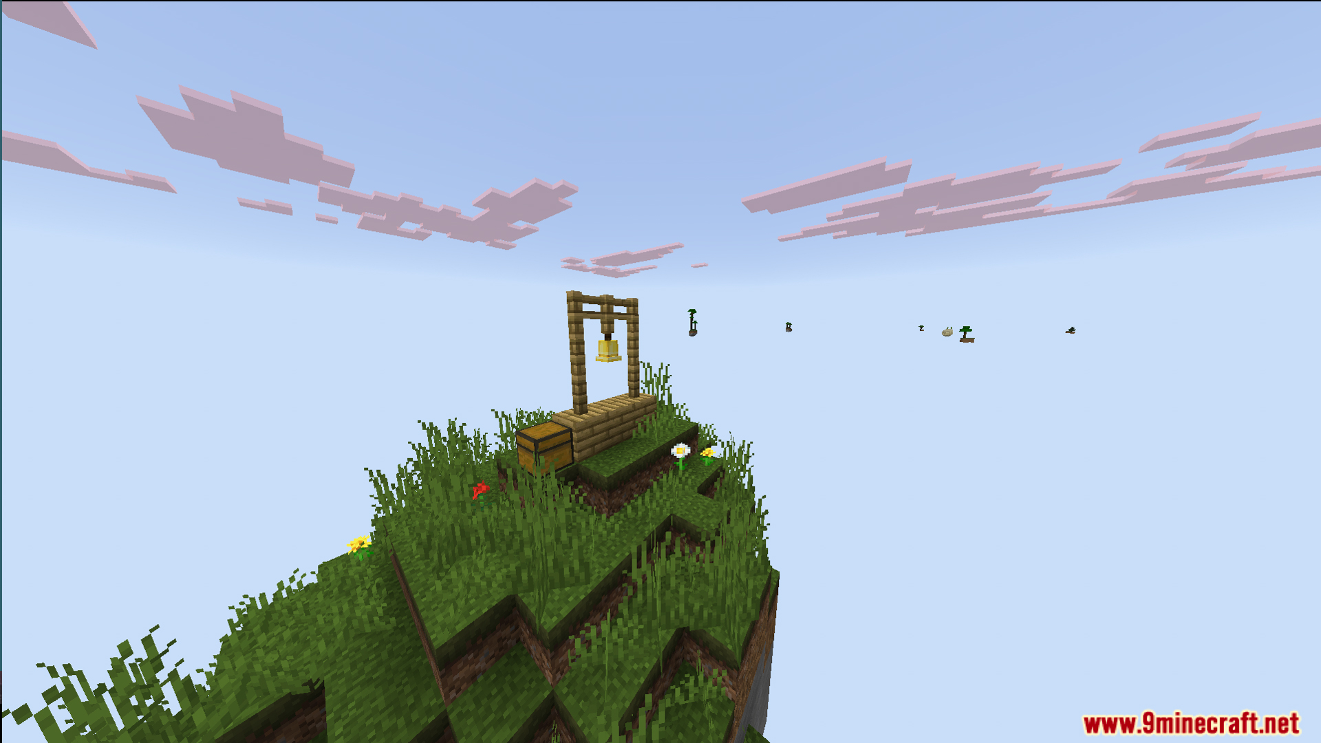One Block Mcpower Edition Map Screenshot 9 A small floating grass island with a bell and a wooden chest