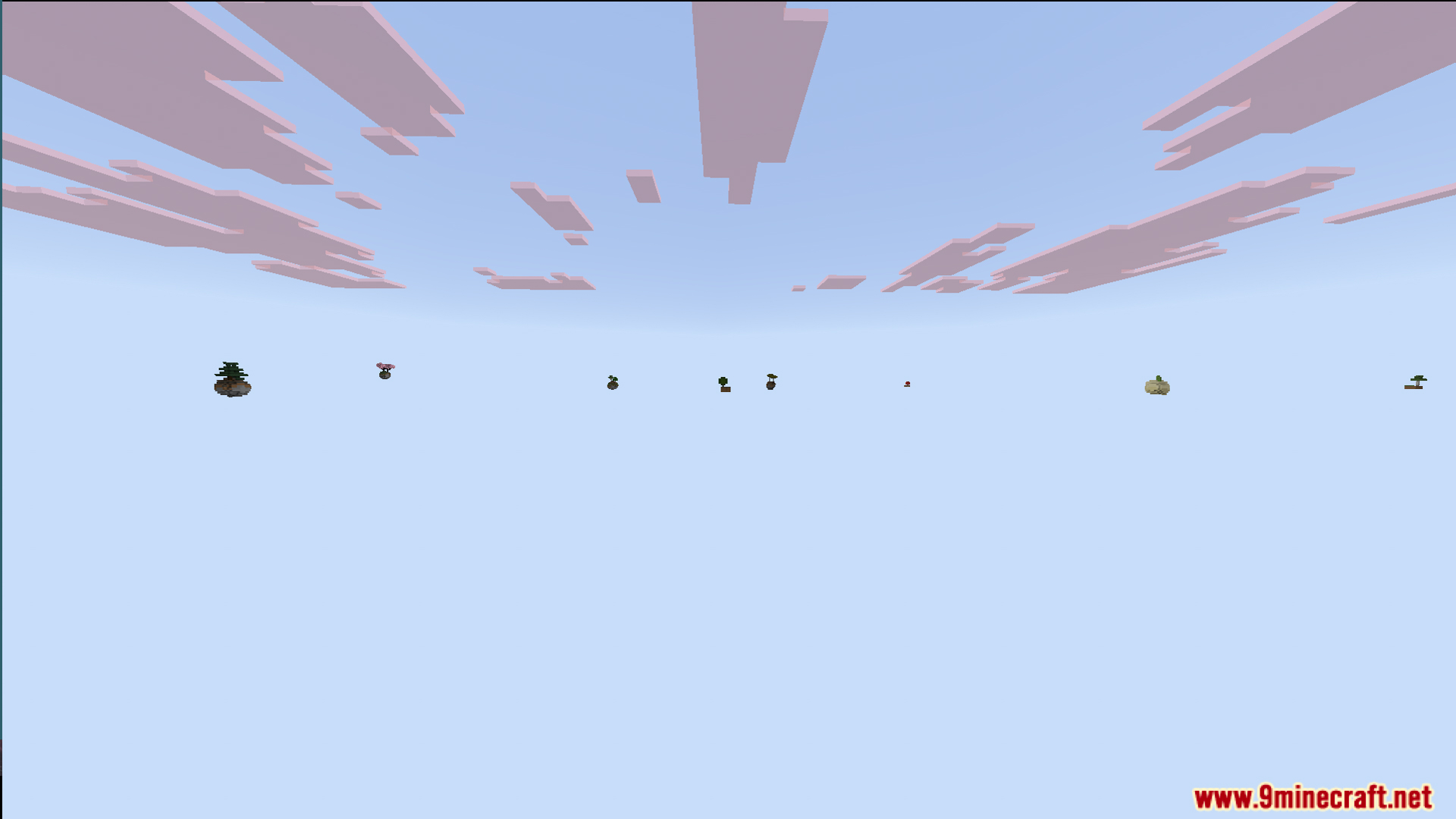 One Block Mcpower Edition Map Screenshot 10 Multiple floating islands and biomes scattered across a vast empty sky