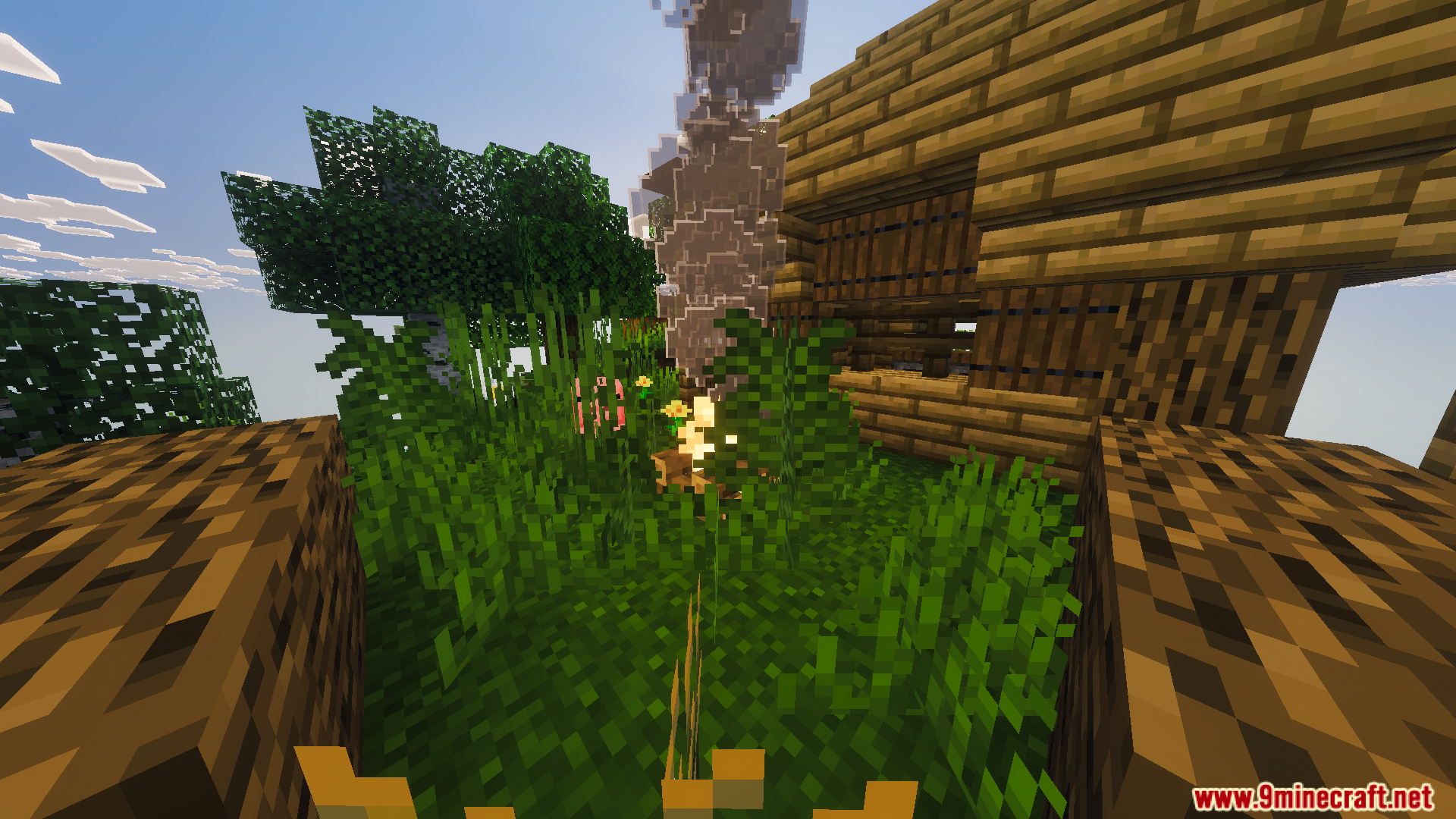 One Chunk Map Screenshot 10 Grassy area with a campfire and a wooden house in the sky