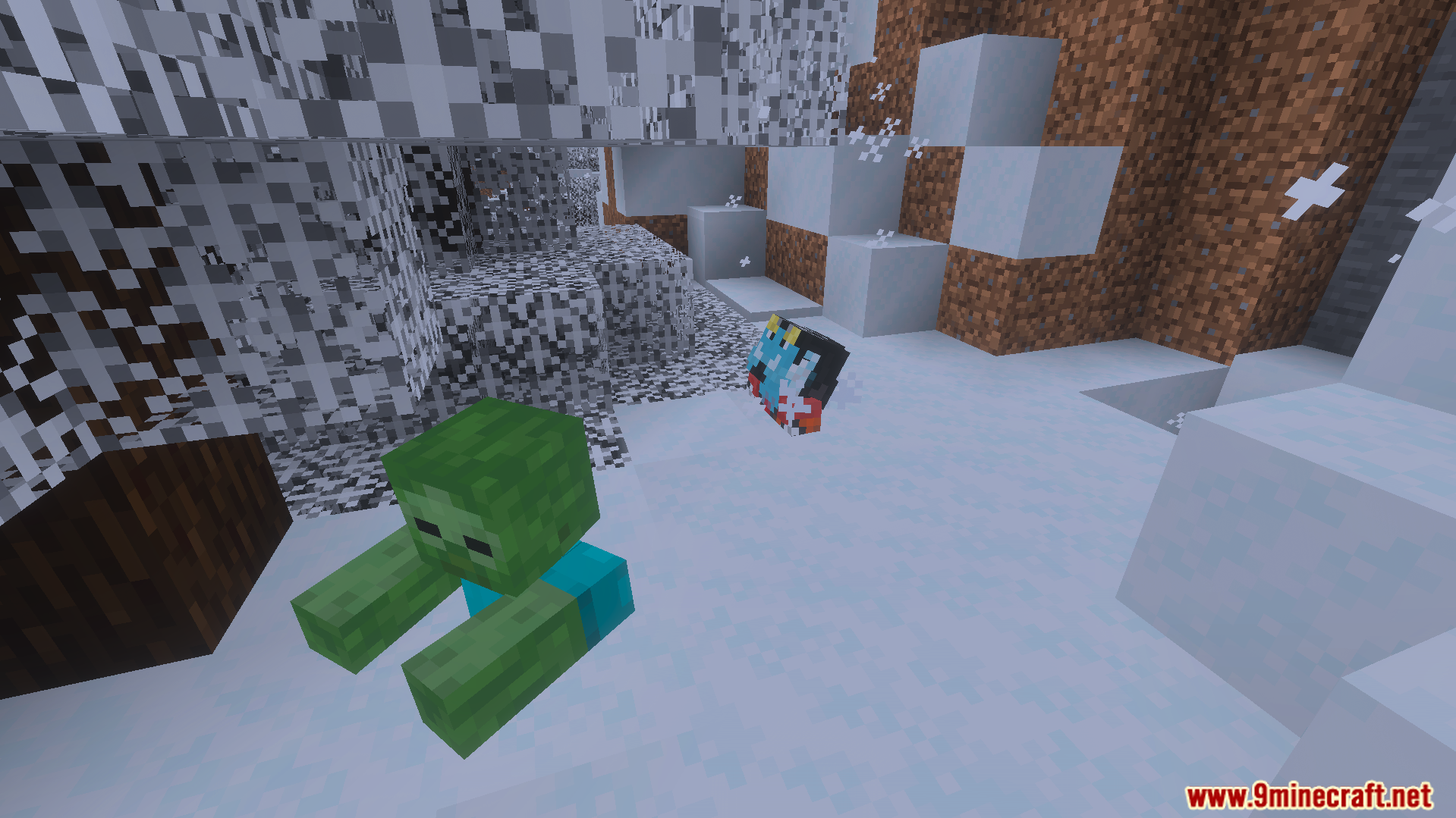 One Piece Addon Screenshot 2 Custom crew member character standing near a zombie in a snowy biome