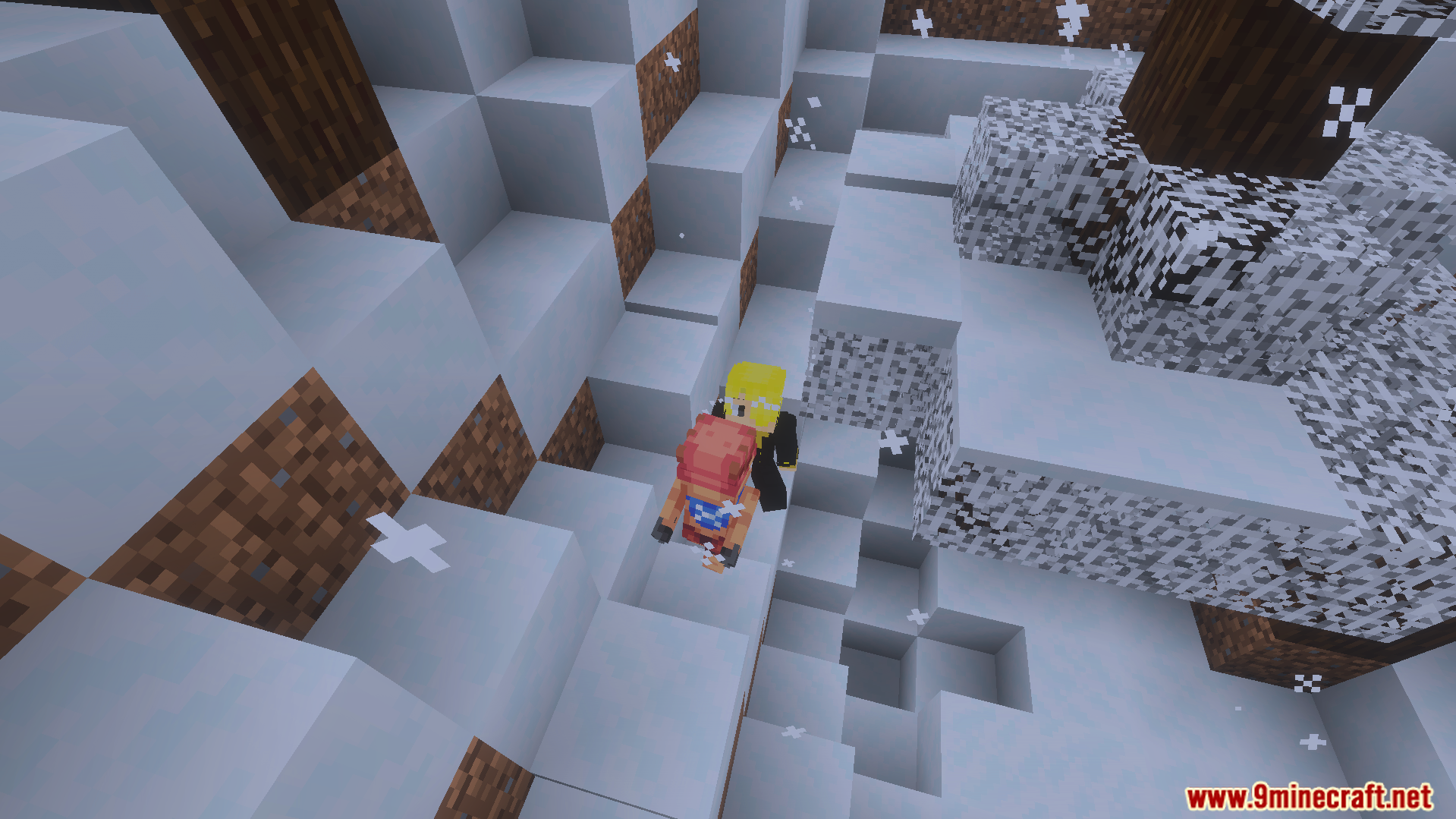 One Piece Addon Screenshot 3 One Piece crew members standing together in a snowy mountain biome in Minecraft