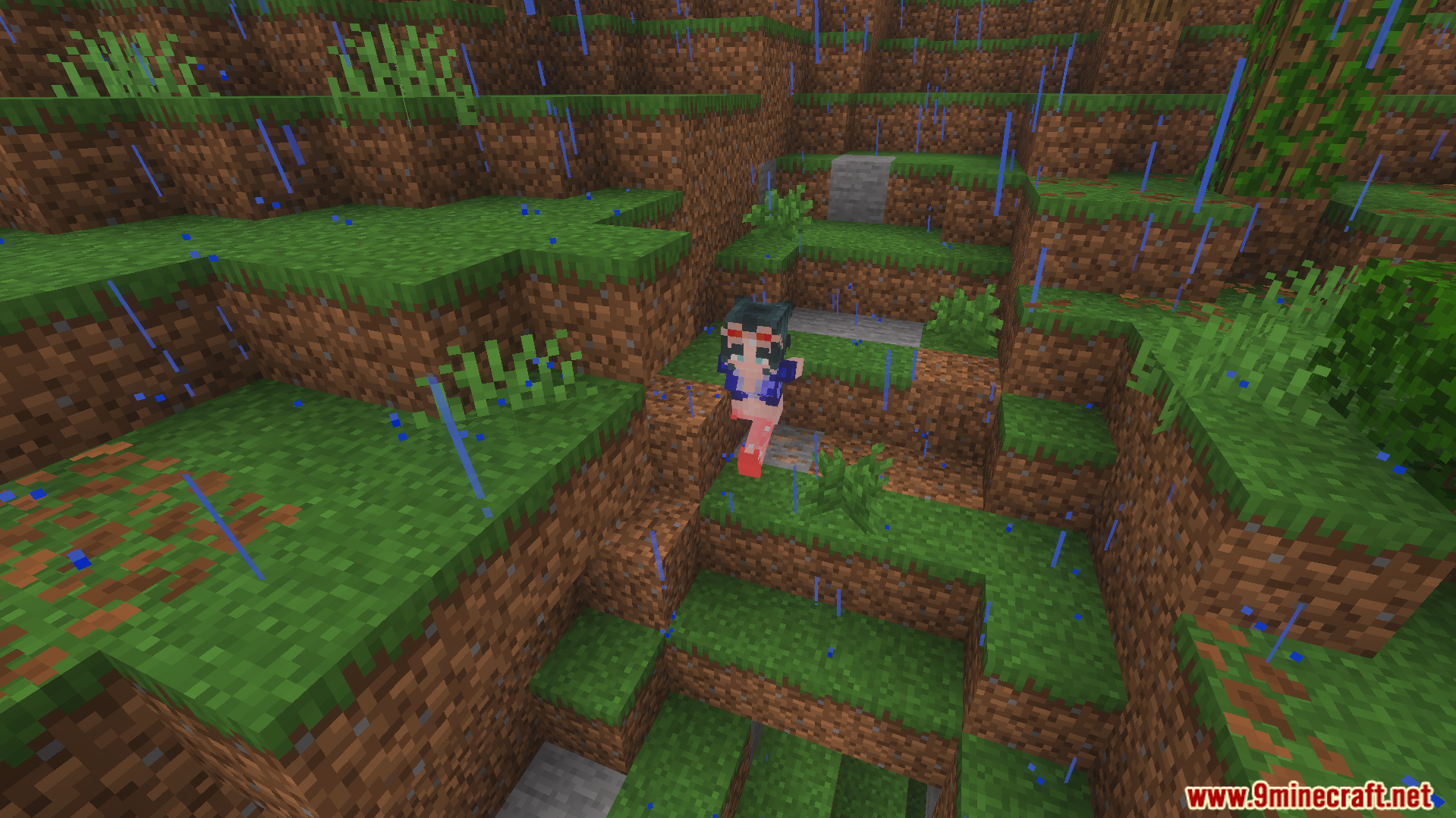 One Piece Addon Screenshot 4 Anime character running through a rainy forest biome during a storm in Minecraft