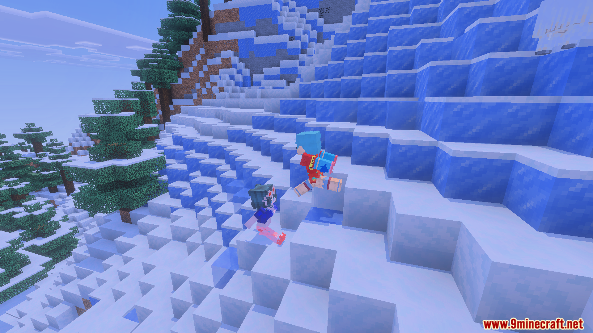 One Piece Addon Screenshot 6 Luffy and Nami running across a steep snowy mountain in the game