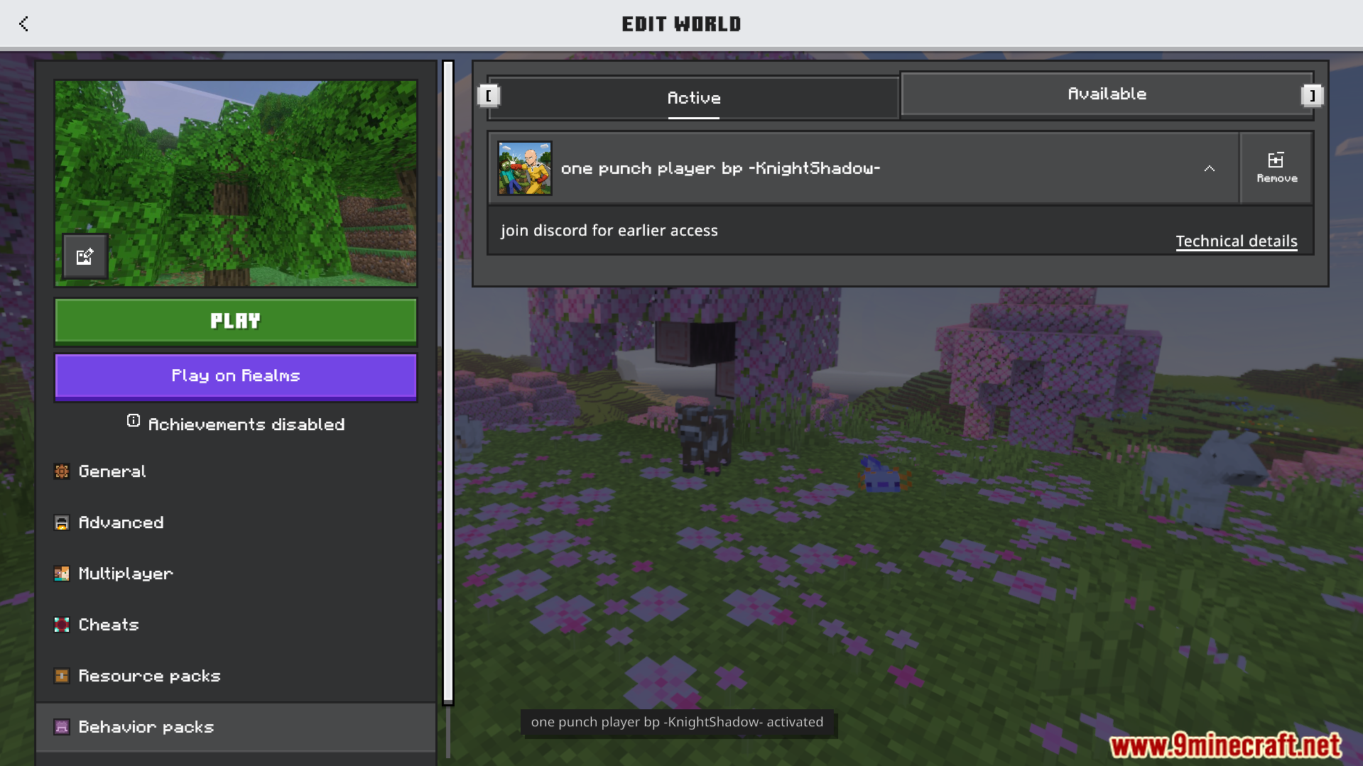 One Punch Player Addon Screenshot 1 Minecraft world settings menu showing the active behavior pack for superhero powers