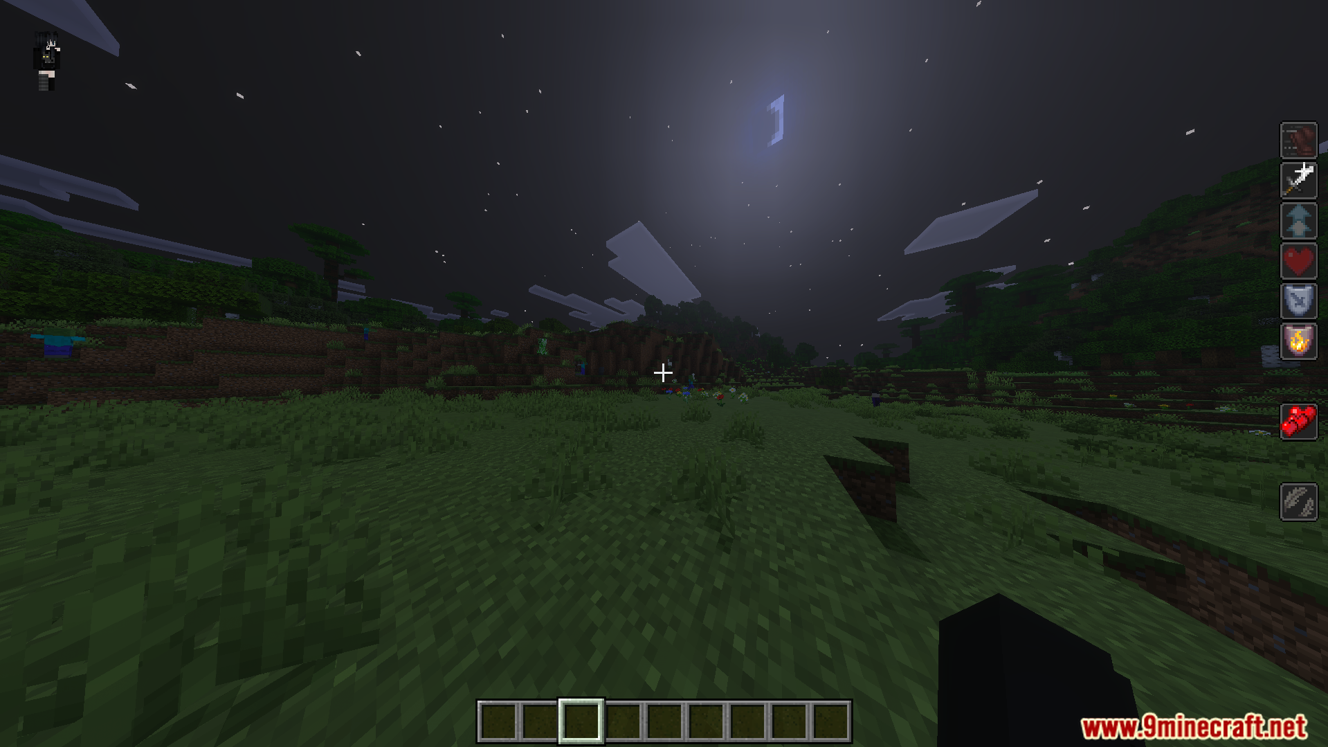 One Punch Player Addon Screenshot 2 Nighttime gameplay showing a player with several active status effect icons