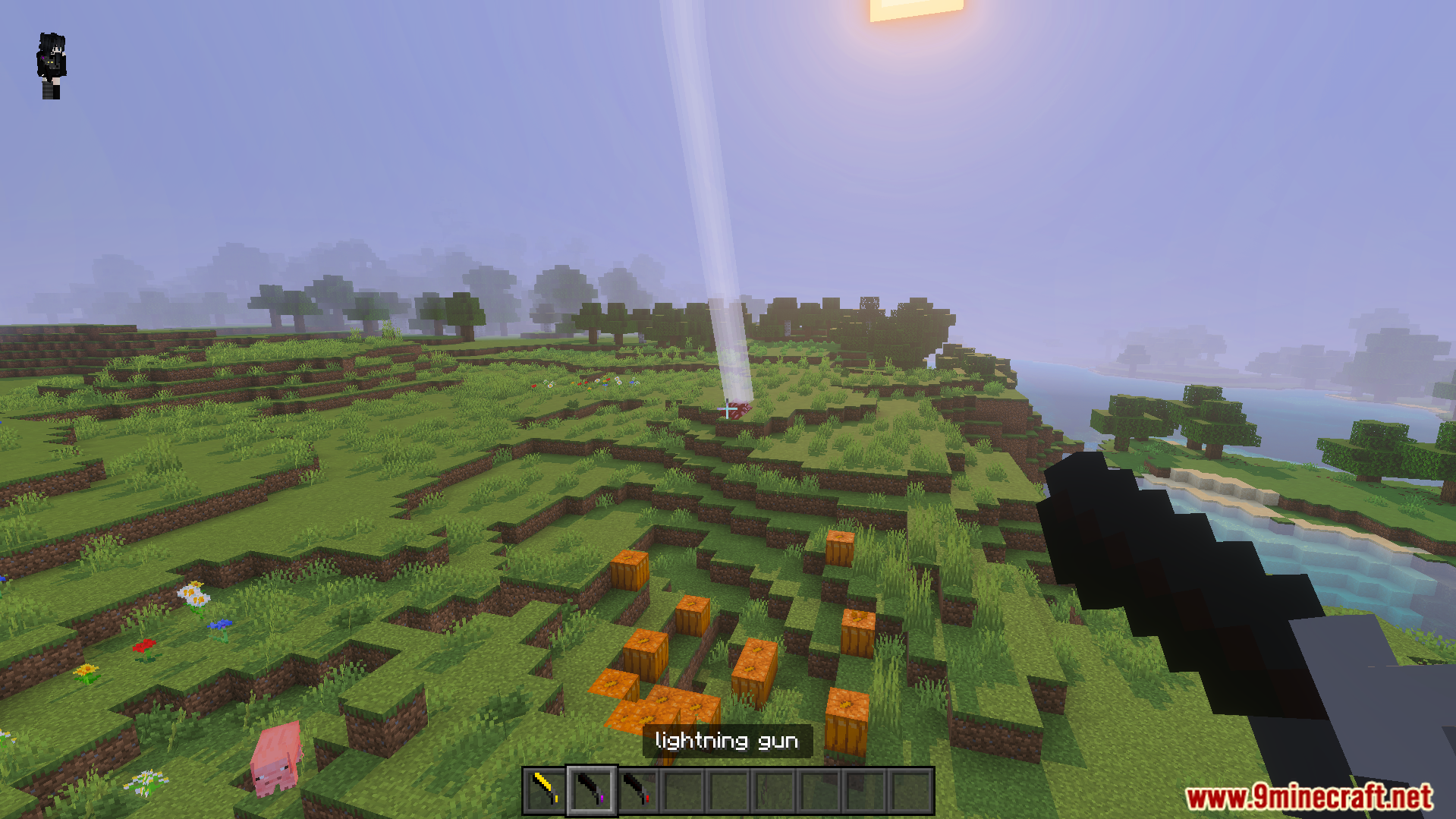 One Shot Gun Addon Screenshot 3 Player using a lightning gun to strike a mob in a grassy field