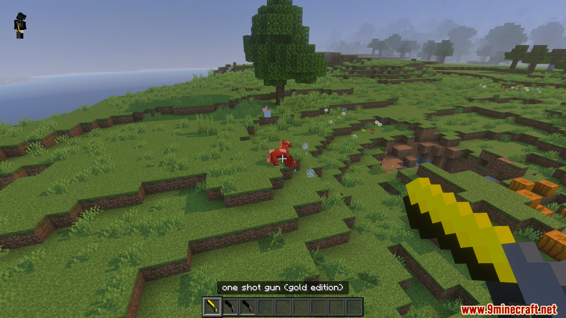 One Shot Gun Addon Screenshot 5 Player aiming a gold edition one shot gun at a red cow