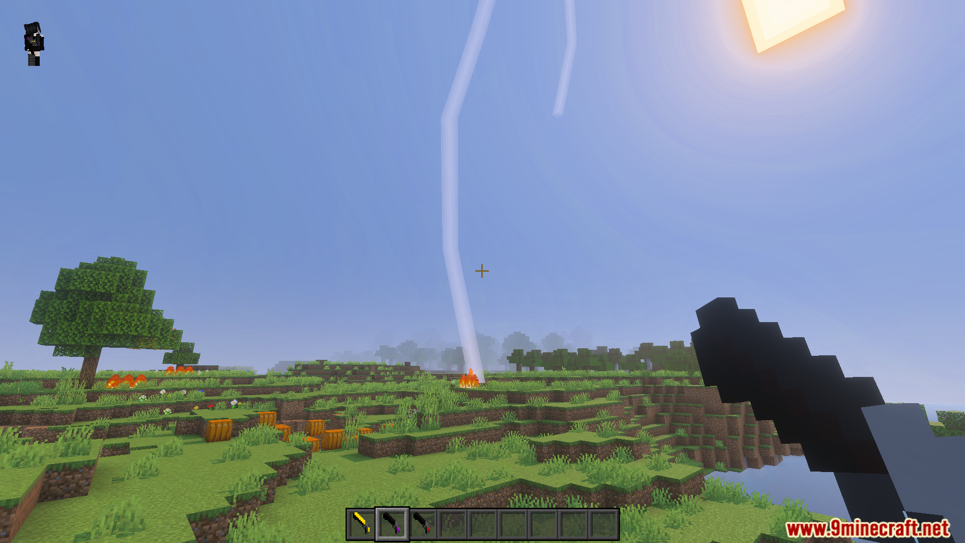 One Shot Gun Addon Screenshot 7 Player holding the One Shot Gun Addon while lightning strikes in Minecraft